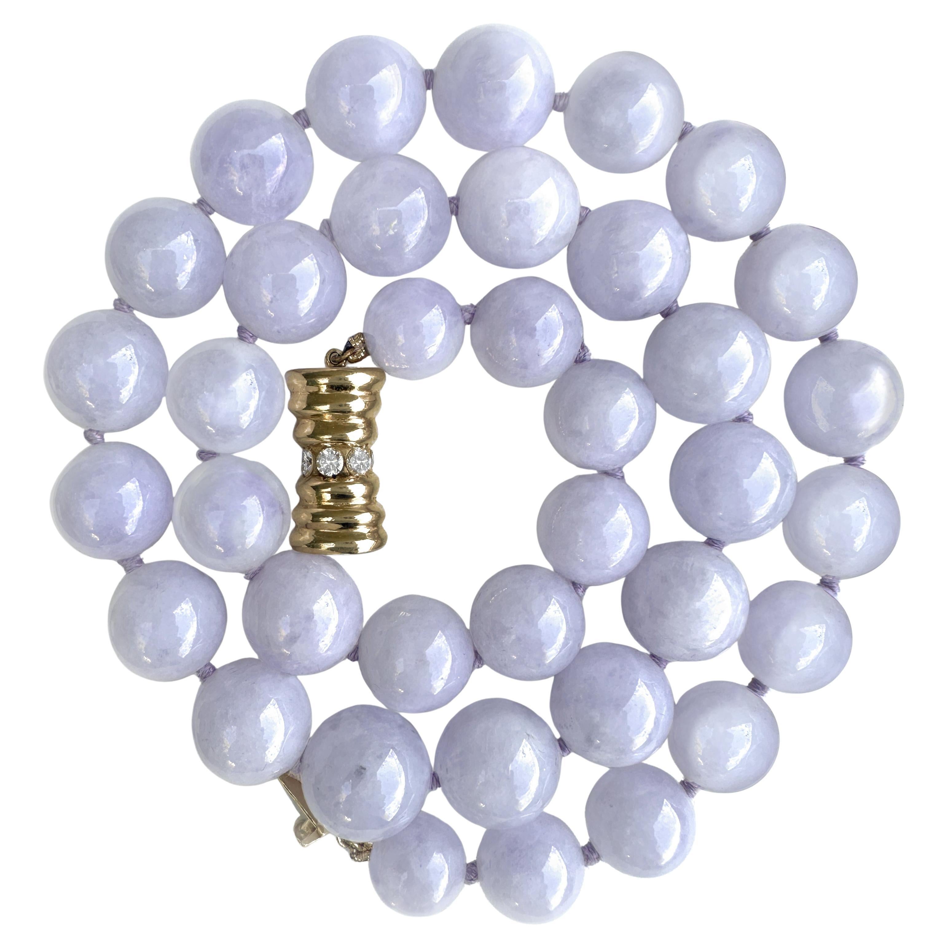 GIA Certified 122 Gram Lavender Jade Bead Necklace with Gold & Diamond Clasp For Sale