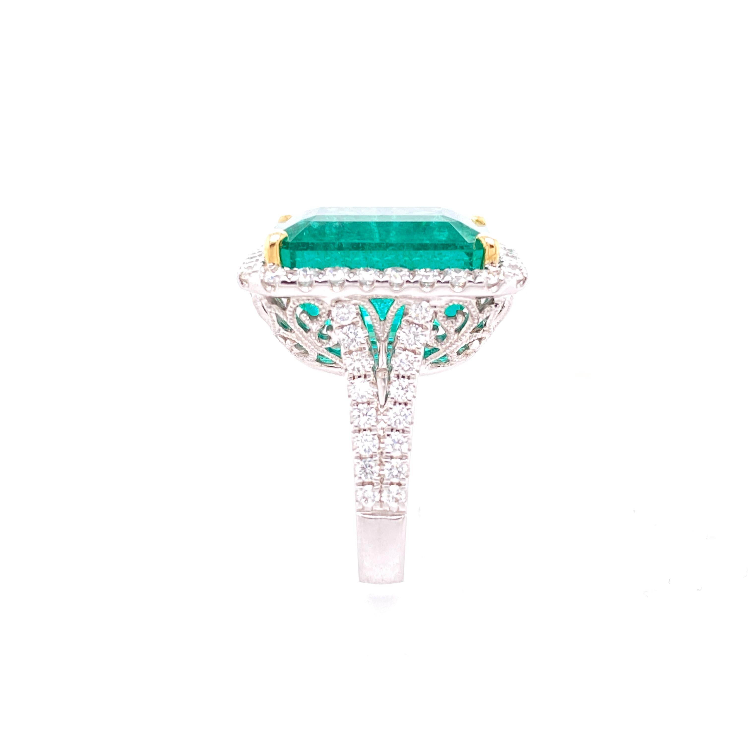 Emerald Cut GIA Certified 12.25 Carat African Emerald and Diamond Cocktail Ring For Sale