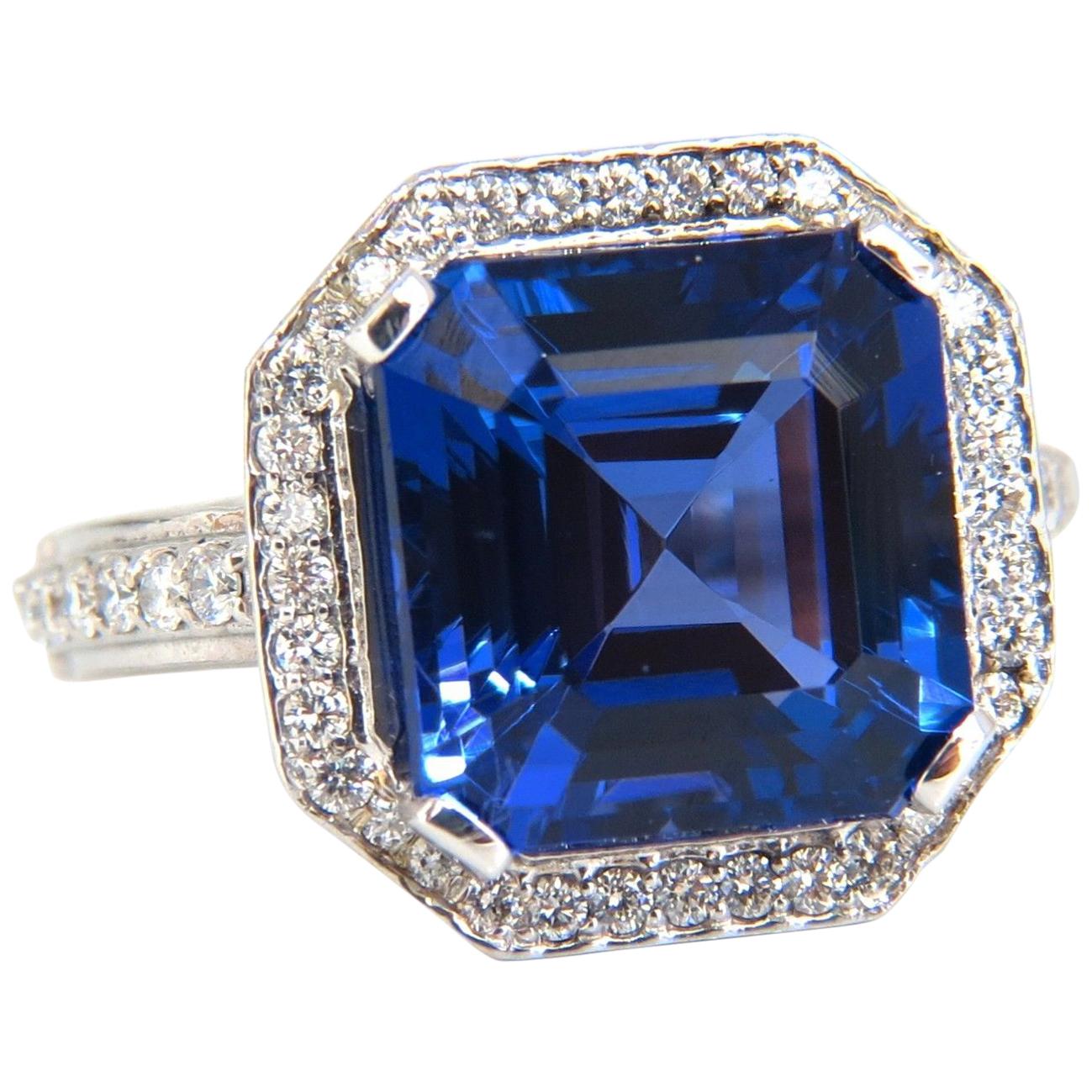 GIA Certified 12.29Ct Natural Tanzanite Diamond Ring Vivid Blue Ascher 14kt