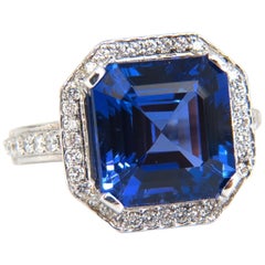 GIA Certified 12.29Ct Natural Tanzanite Diamond Ring Vivid Blue Ascher 14kt