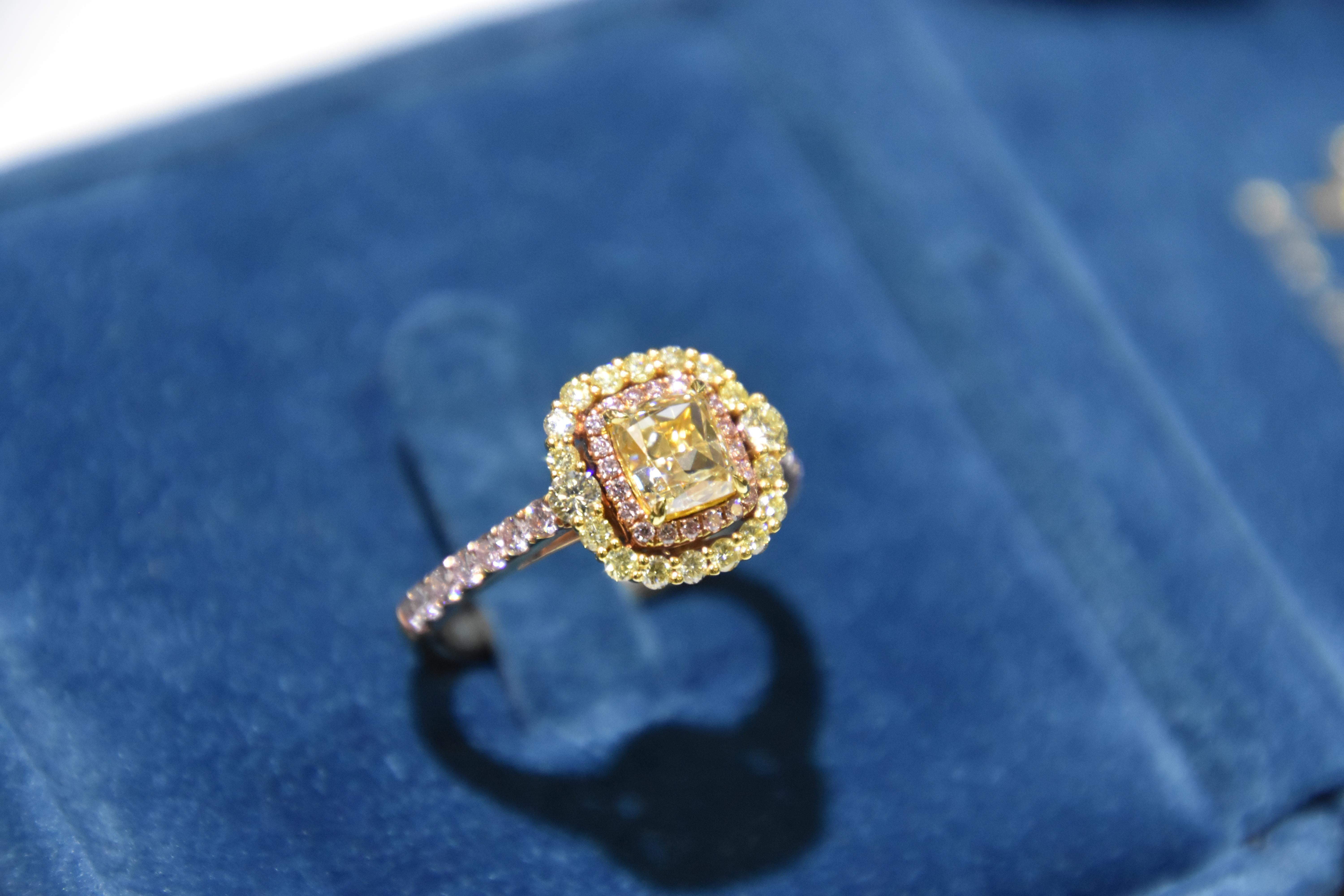 GIA Certified 1.22 Carat Fancy Light Brown Yellow Diamond Cushion Cut Ring In New Condition For Sale In Tsim Sha Tsui, HK