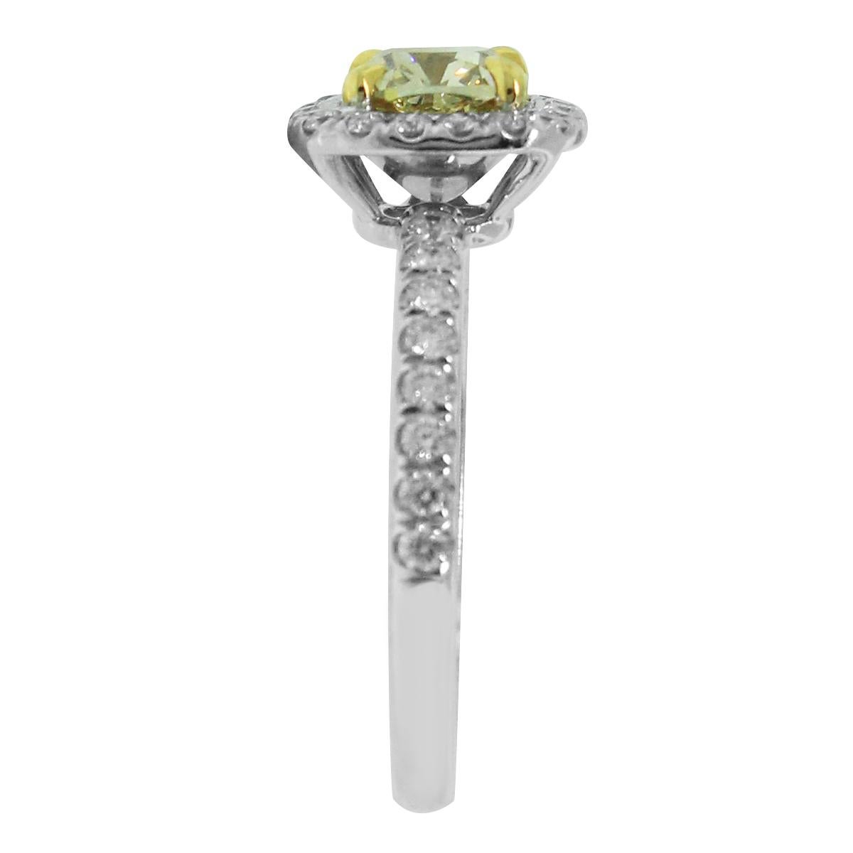 Material: 18k White Gold
Center Diamond Details: 1.23ct Cushion cut diamond. Center diamond is Fancy yellow/brown/green in color and VS in clarity. GIA Certified (#2145329073)
Accent Diamond Details: Approximately 0.32ctw round brilliant diamonds.