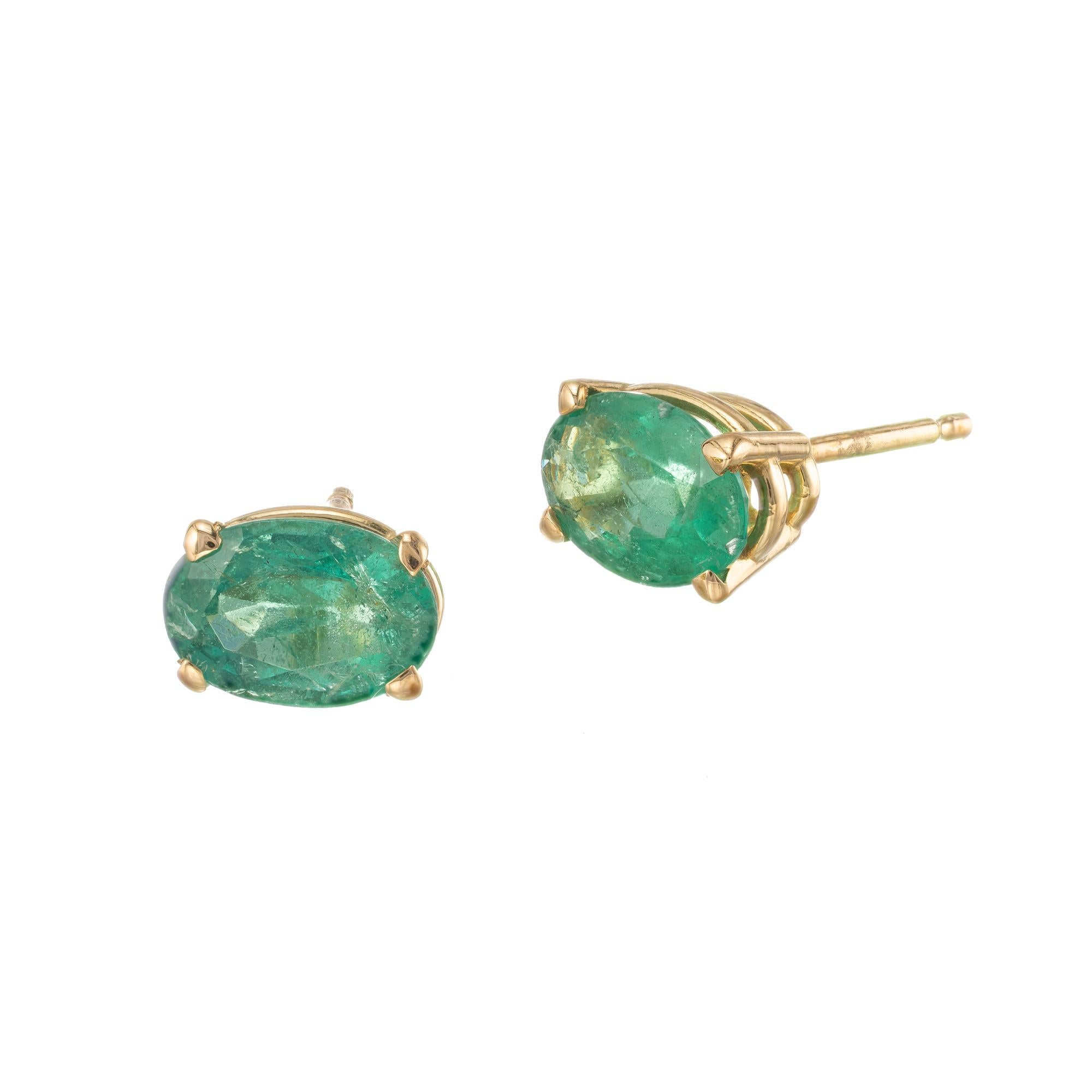 Natural GIA Certified Oval Emerald stud earrings. Minor to moderate clarity enhancements only. 

1 oval green F1 Emerald, Approximate .64ct GIA Certificate # 2201044667
1 oval green F2 Emerald, Approximate .59ct GIA Certificate # 1206044674
18k