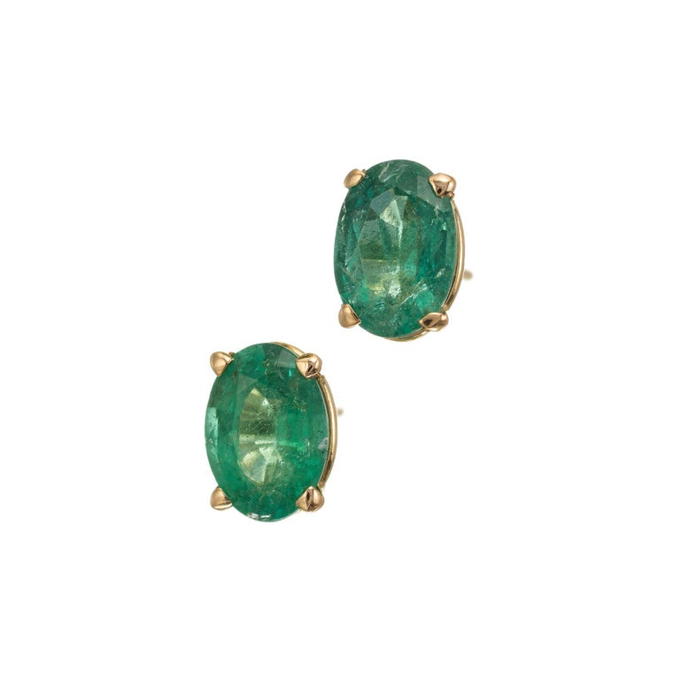 GIA Certified 1.23 Carat Oval Emerald Yellow Gold Stud Earrings at 1stDibs