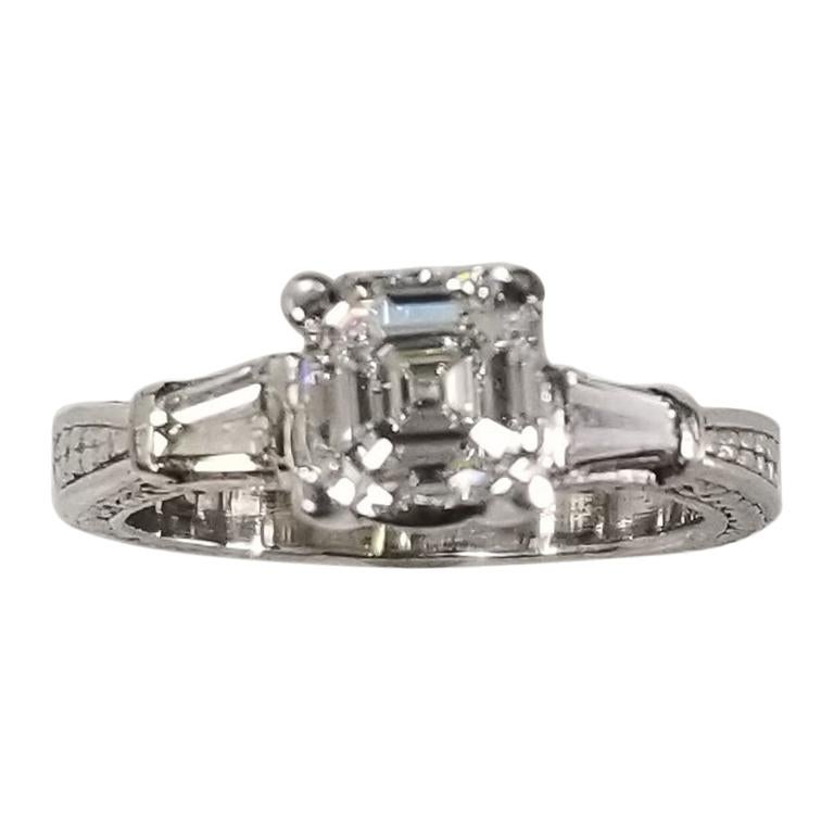 GIA Certified 1.23 E VS2 Assher Cut Diamond in a Classic Tapered Baguette Ring
