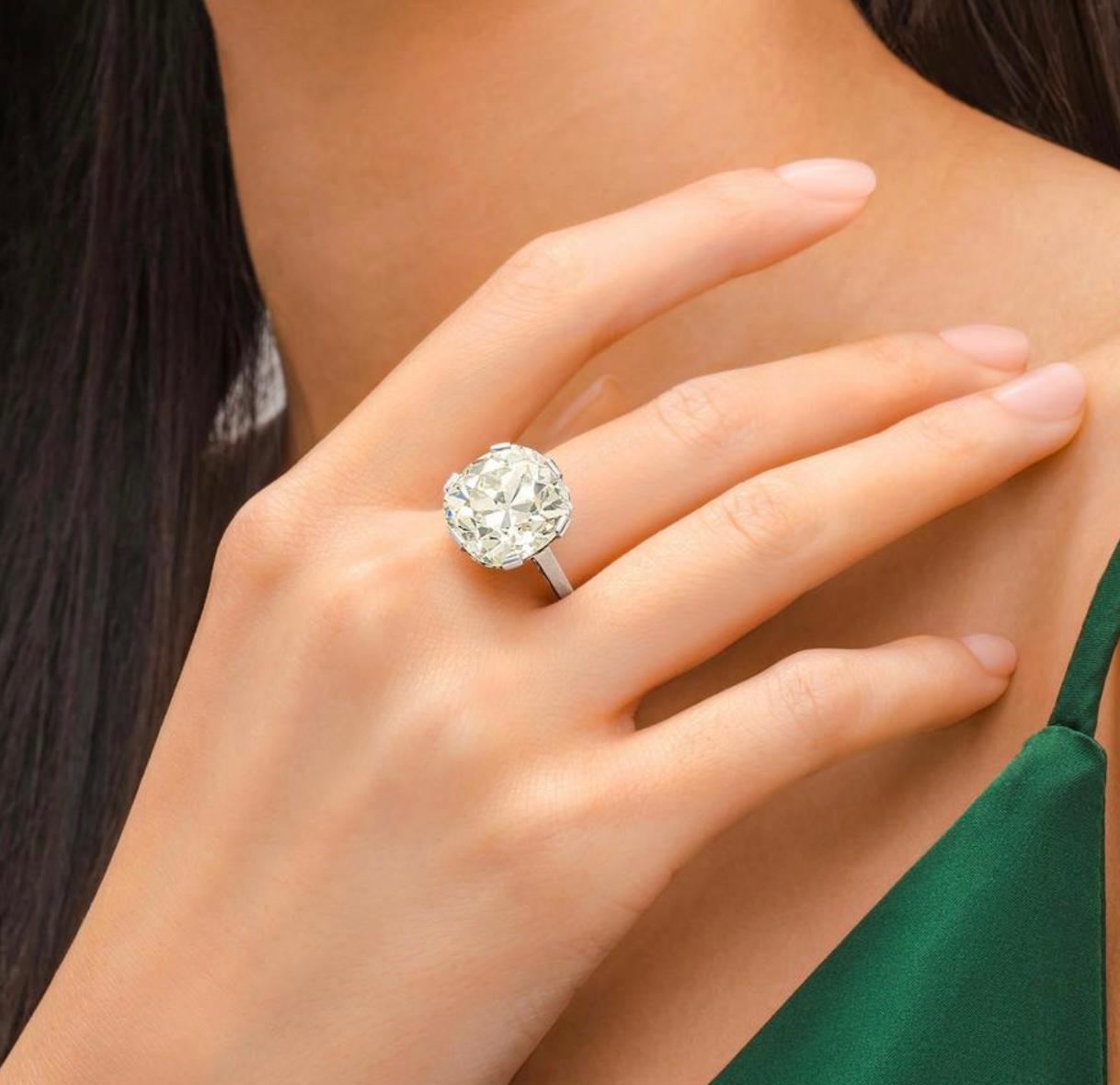 GIA Certified 12.32 Carat Old Mine Cushion Diamond Engagement Ring in Platinum For Sale 4