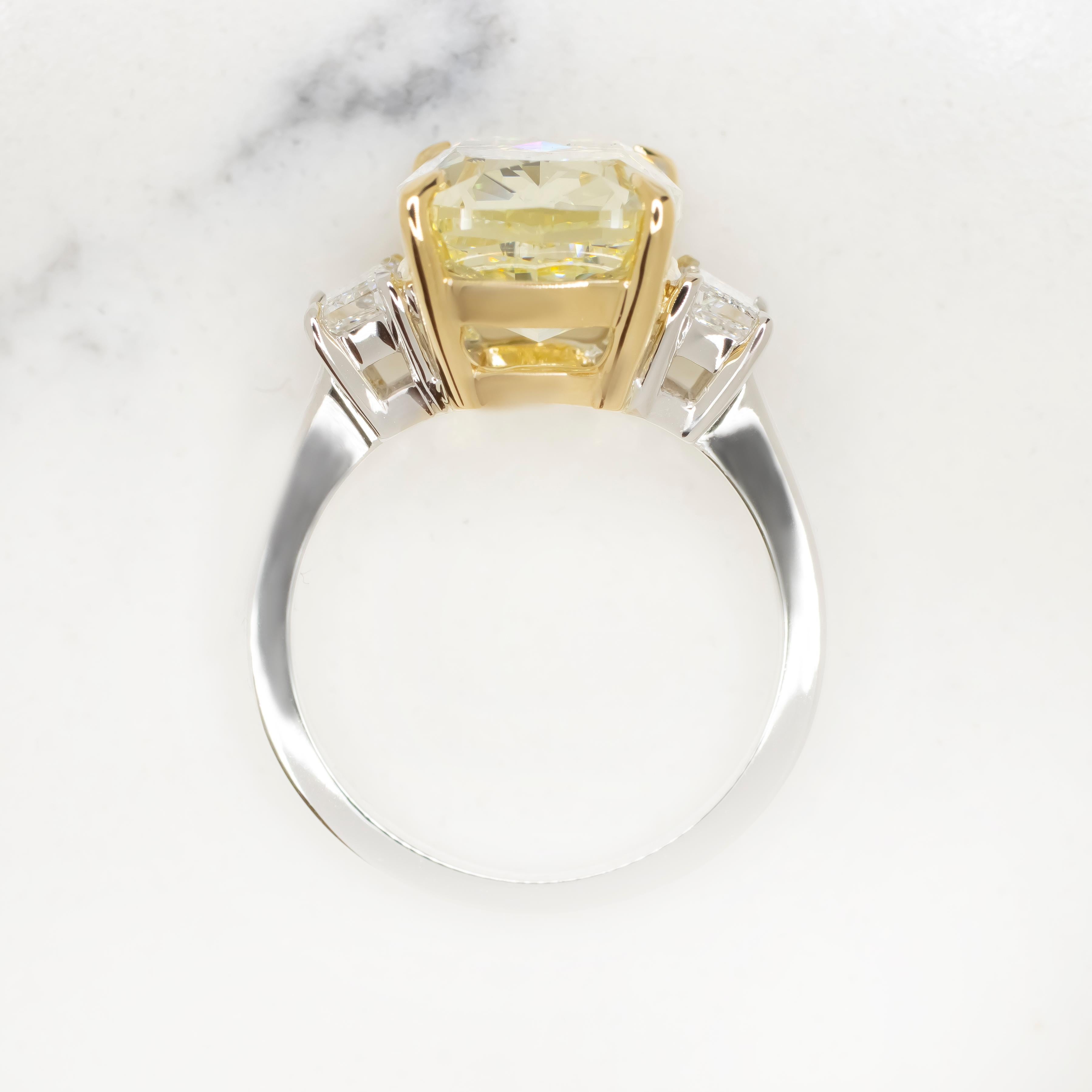 Contemporary GIA Certified 12.34 Carat Fancy Light Yellow Cushion Cut Diamond Ring For Sale