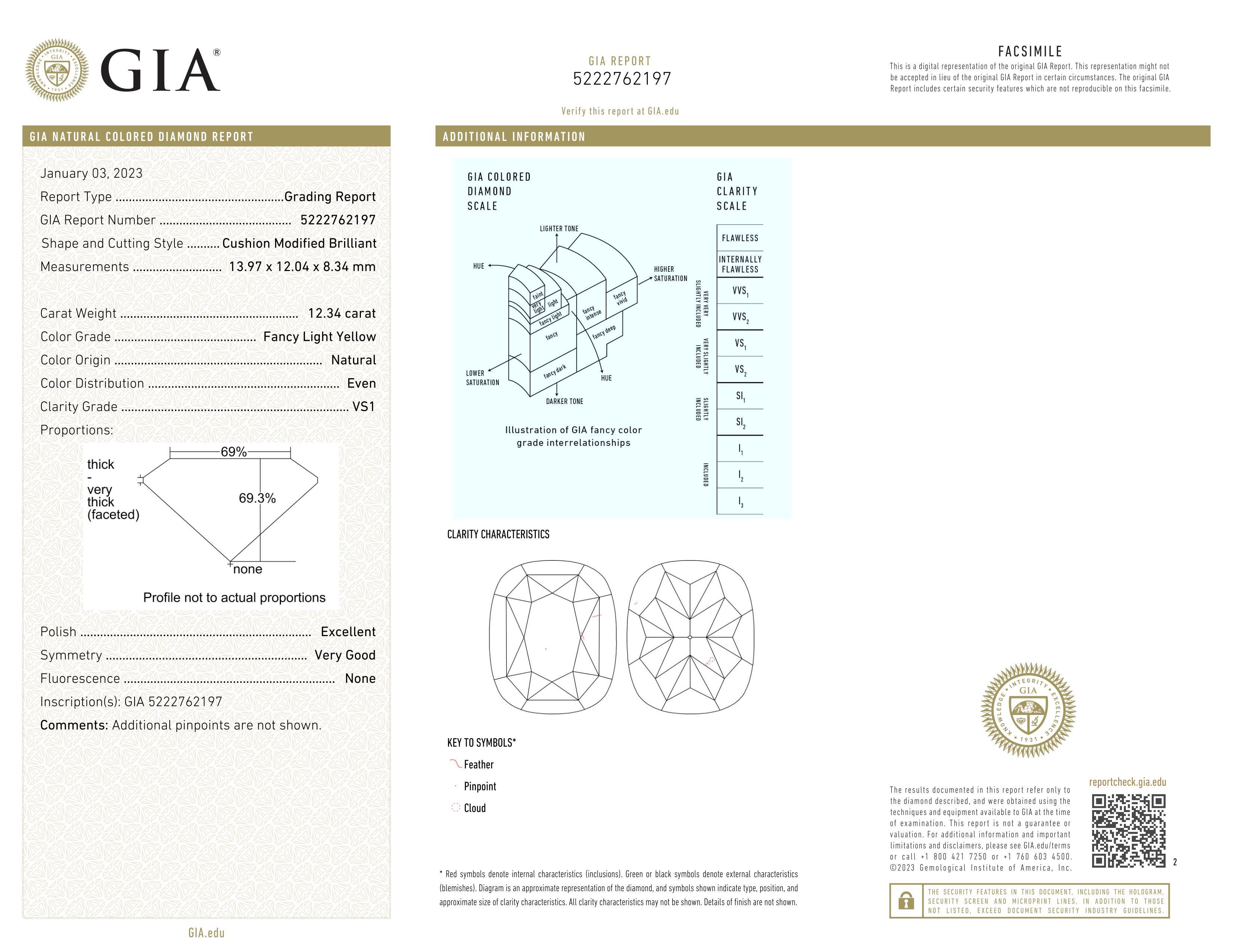 Women's or Men's GIA Certified 12.34 Carat Fancy Light Yellow Cushion Cut Diamond Ring For Sale