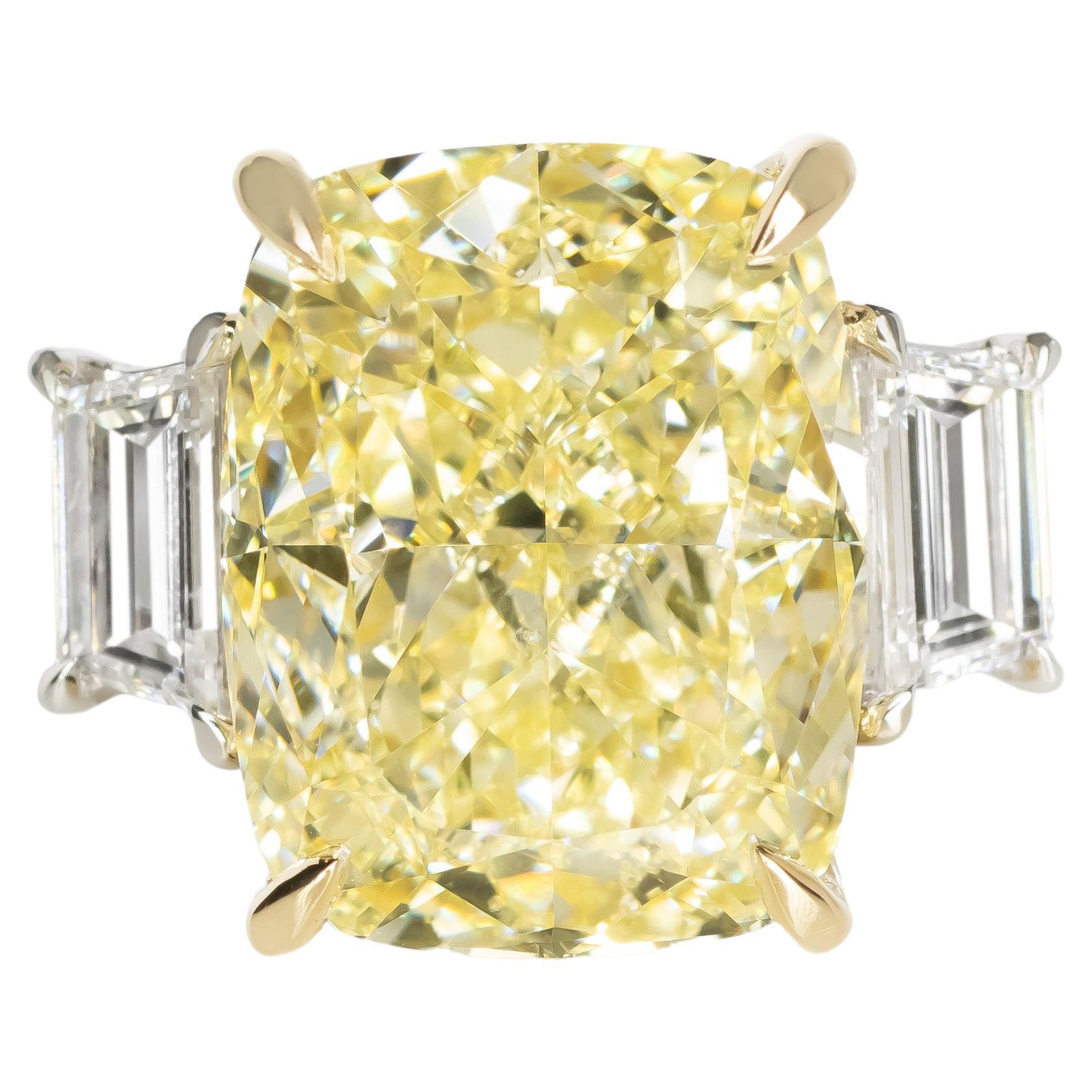 GIA Certified 12.34 Carat Fancy Light Yellow Cushion Cut Diamond Ring For Sale