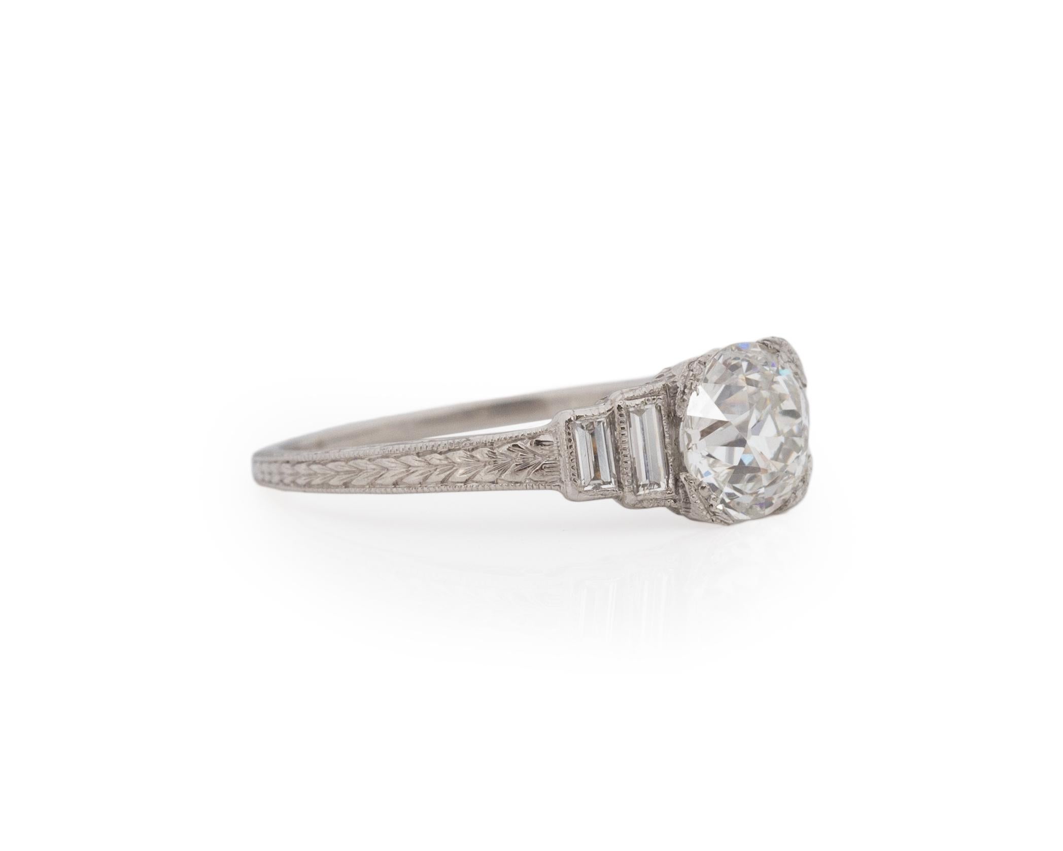Ring Size: 6
Metal Type: Platinum [Hallmarked, and Tested]
Weight: 3.26 grams

Diamond Details:
GIA REPORT #: 5221530295
Weight: 1.24ct
Cut: Old European brilliant
Color: G
Clarity: SI2
Measurements: 6.79mm x 6.63mm x 4.41mm

Finger to Top of Stone
