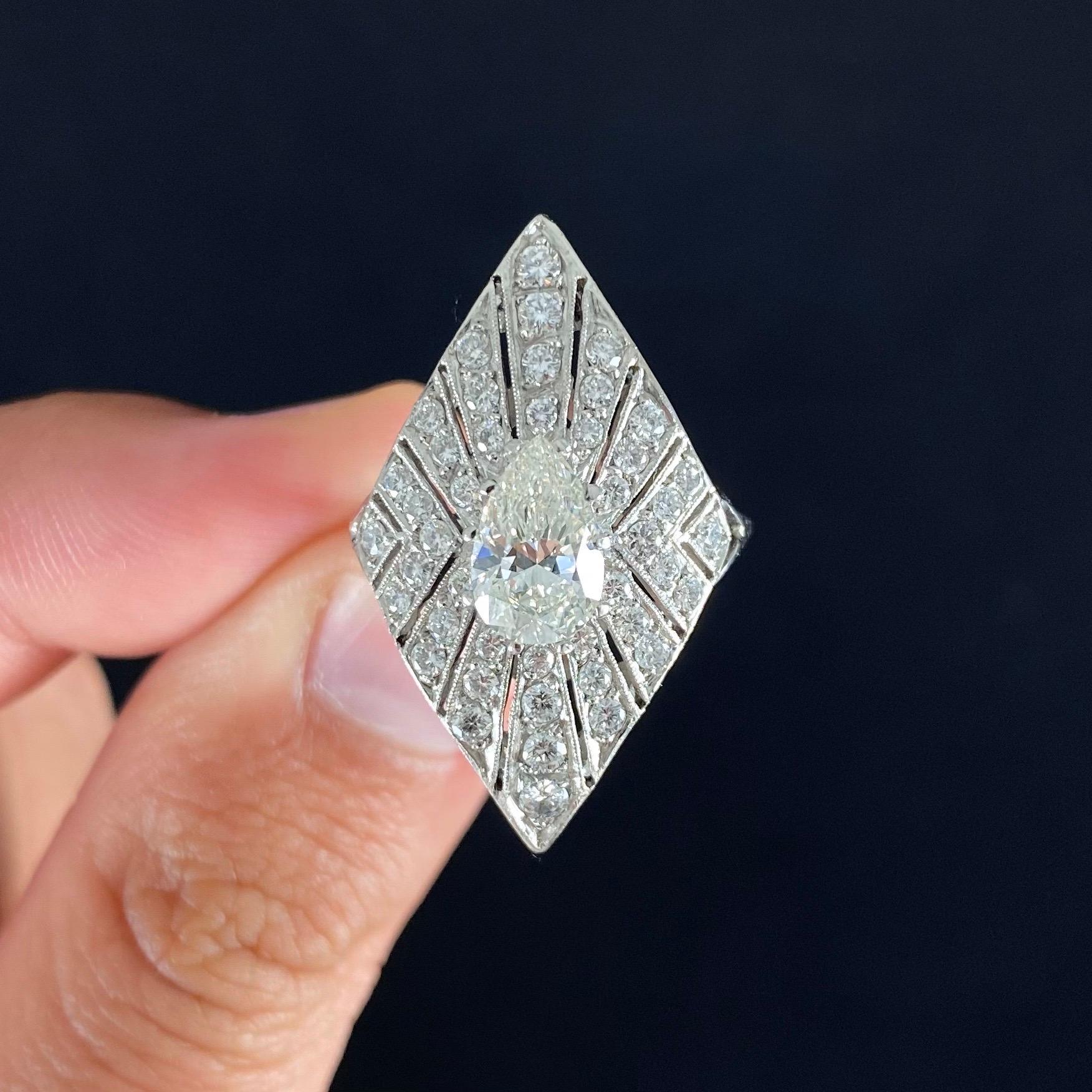 GIA Certified 1.24 Carat J VS2 Pear Brilliant Cut Diamond Shield Ring Platinum For Sale 5