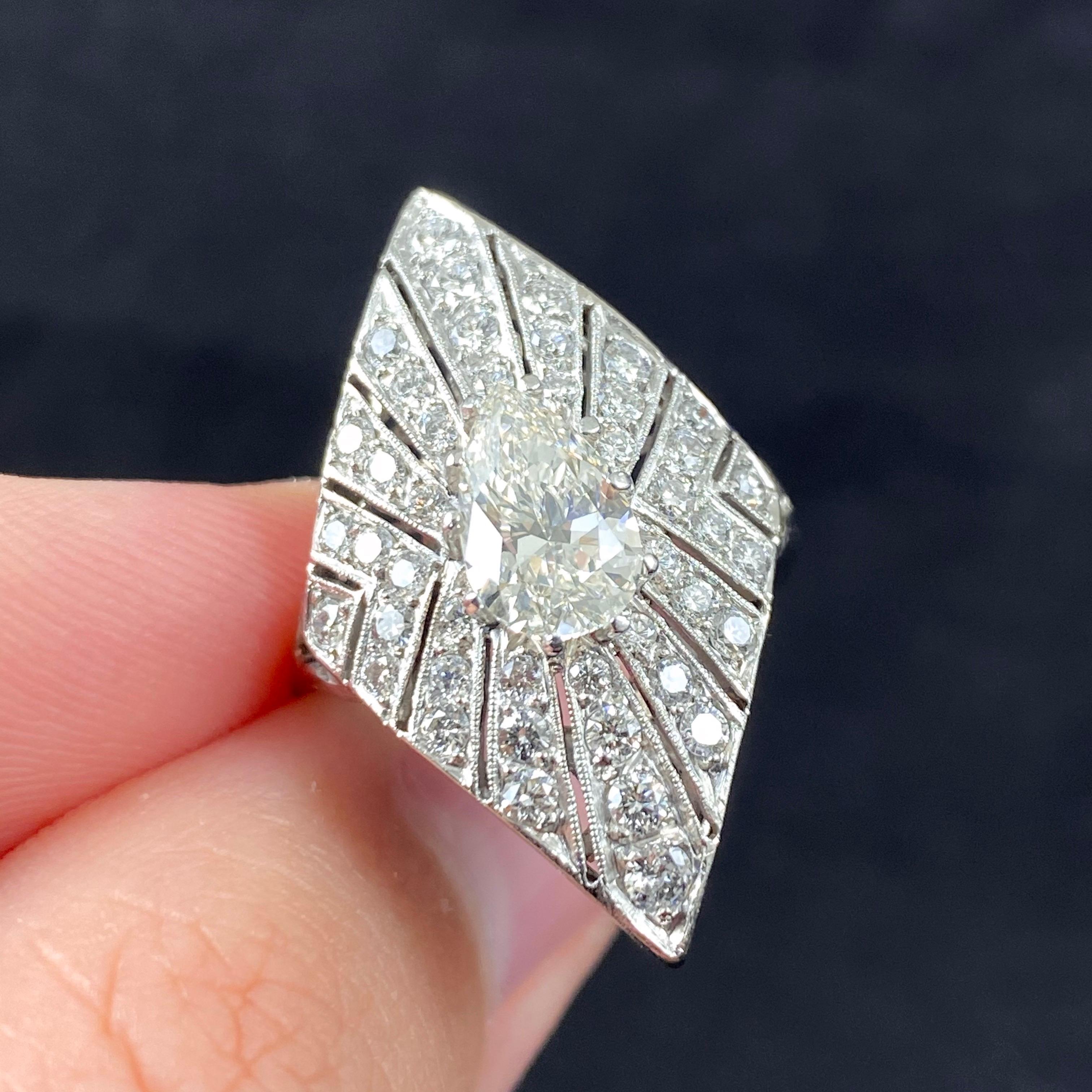 GIA Certified 1.24 Carat J VS2 Pear Brilliant Cut Diamond Shield Ring Platinum For Sale 8