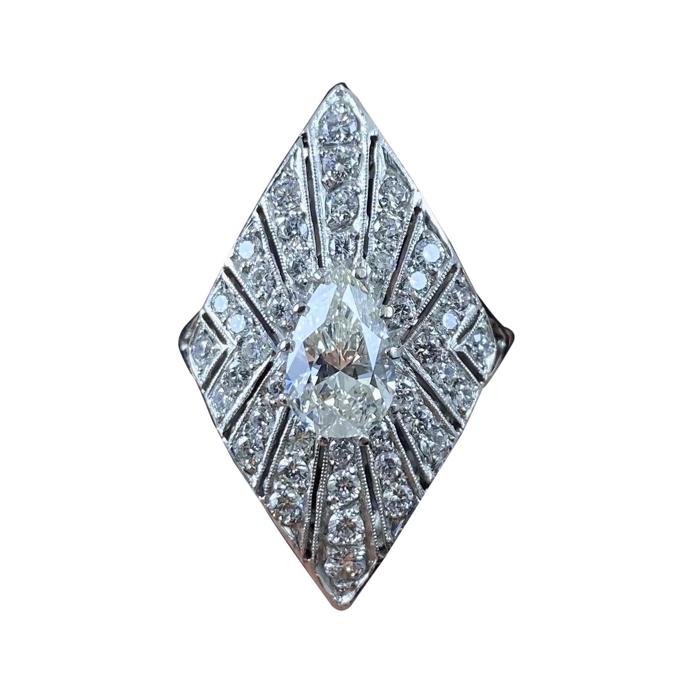 GIA Certified 1.24 Carat J VS2 Pear Brilliant Cut Diamond Shield Ring Platinum