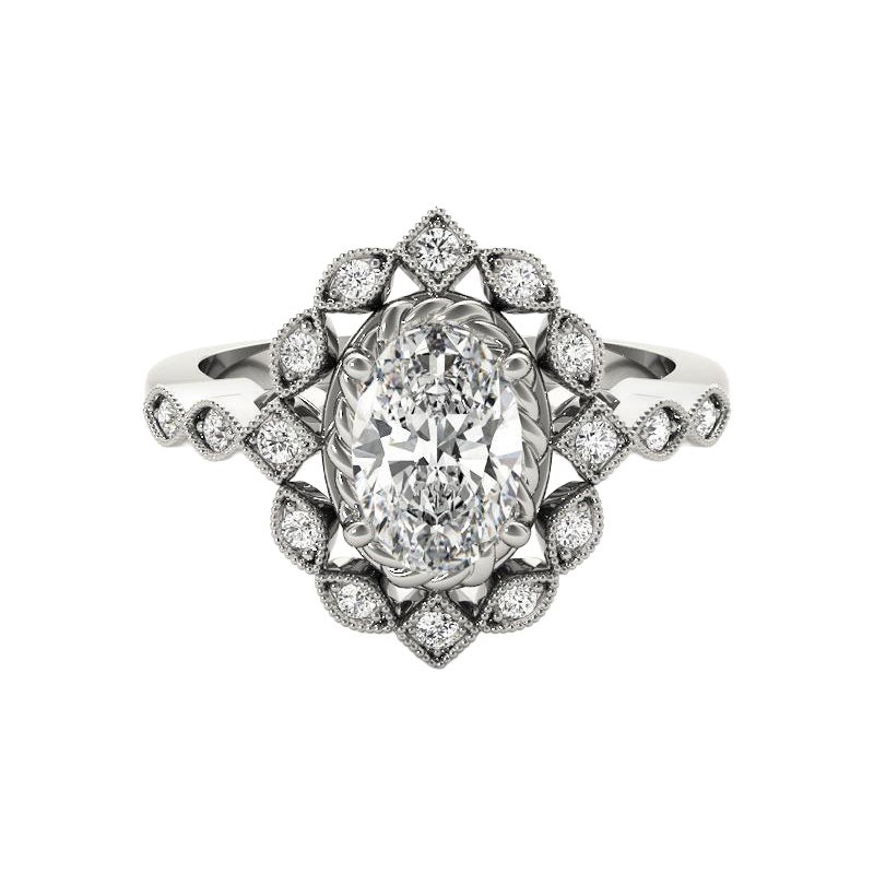 Anello con diamante ovale a doppio fiore in oro bianco 18 carati certificato GIA da 1,24 carati