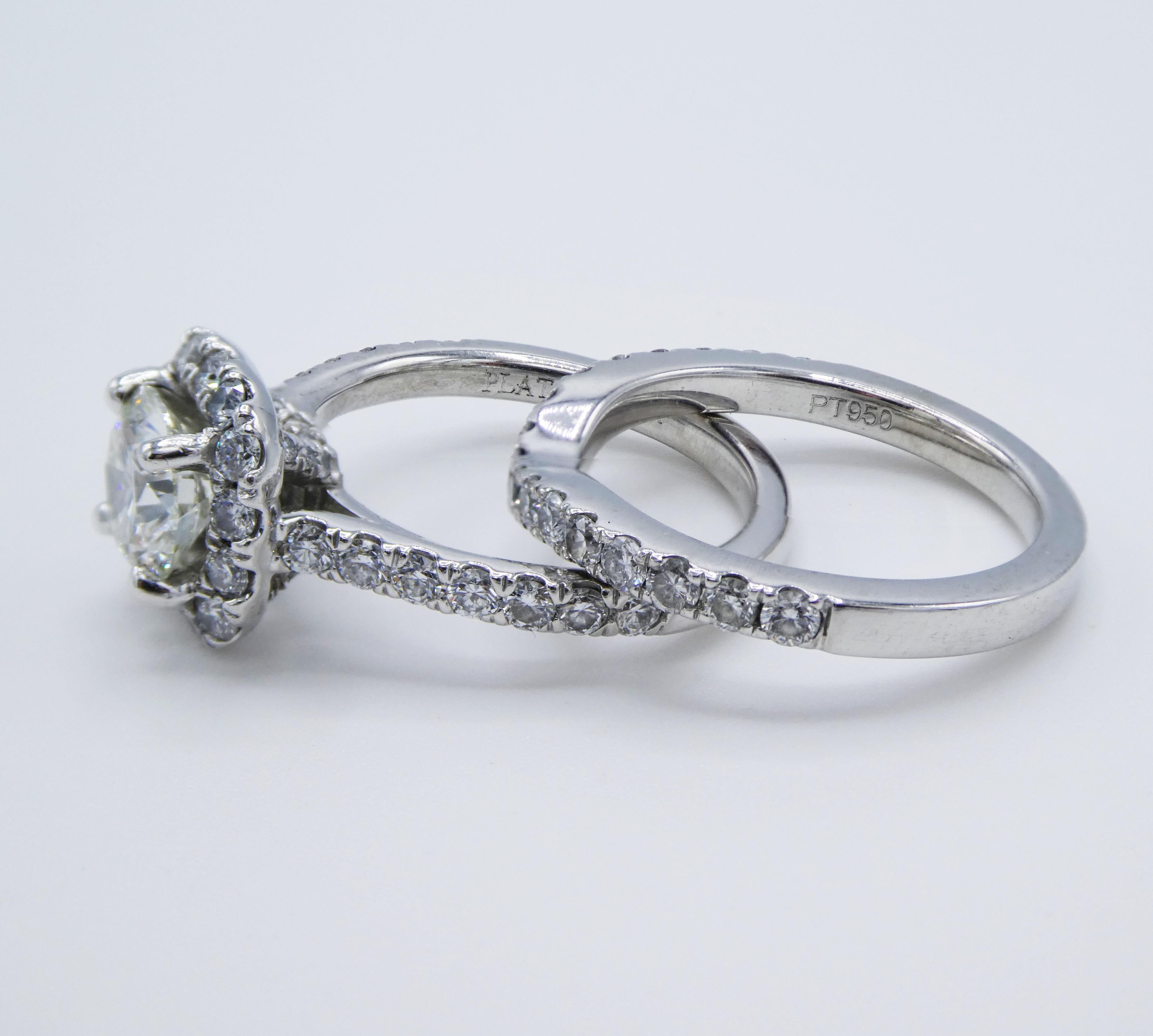 Round Cut GIA Certified 1.24 Carat Platinum Diamond Halo Engagement Ring Wedding Set