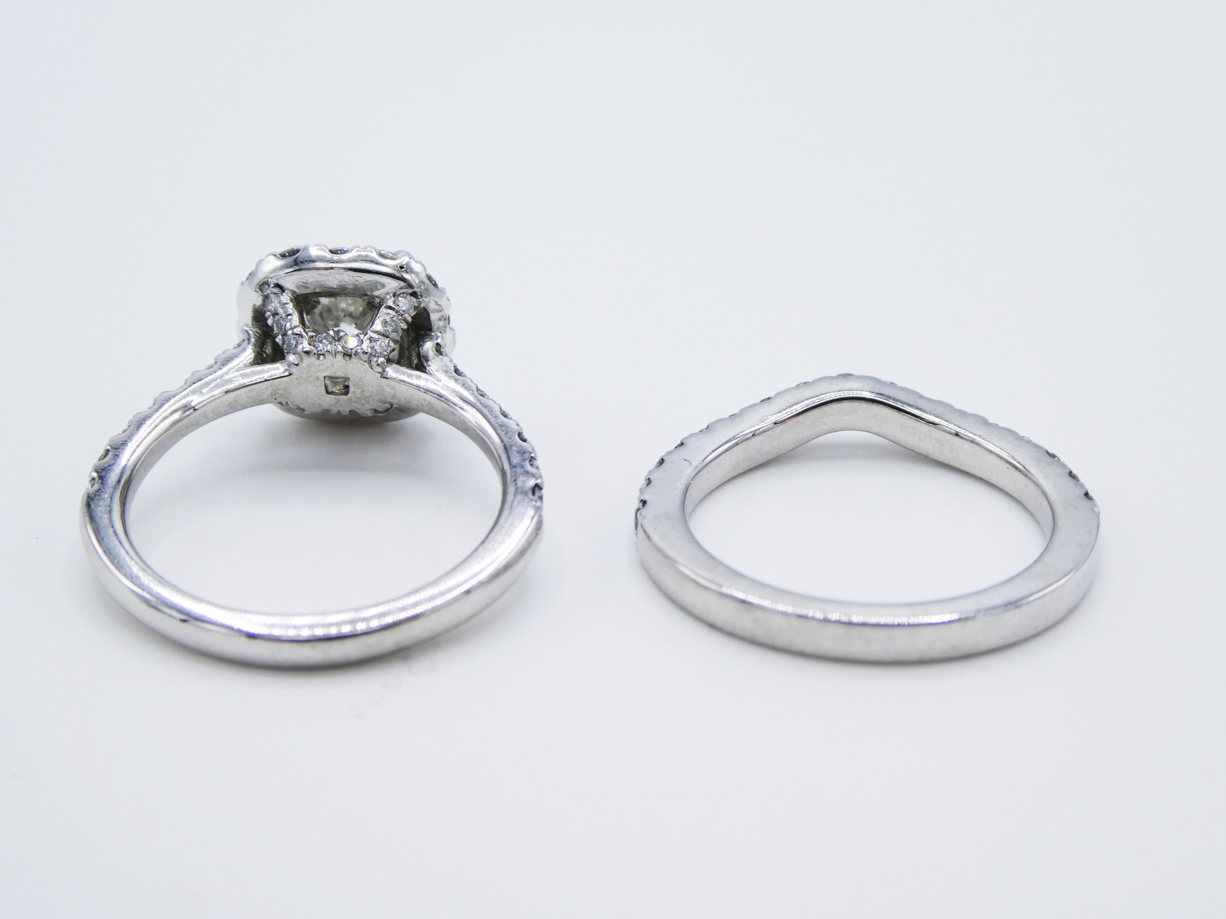 GIA Certified 1.24 Carat Platinum Diamond Halo Engagement Ring Wedding Set In Good Condition In  Baltimore, MD