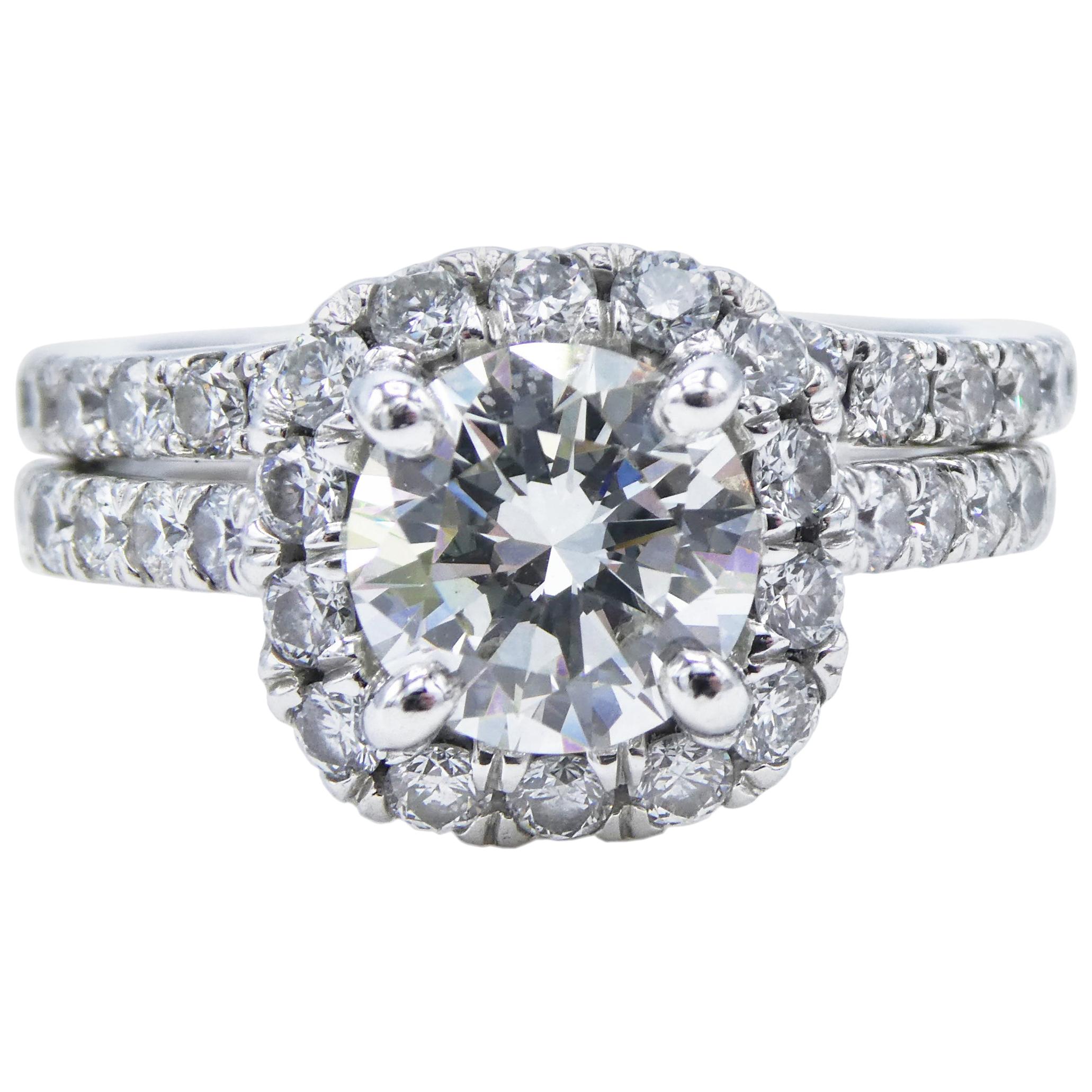GIA Certified 1.24 Carat Platinum Diamond Halo Engagement Ring Wedding Set
