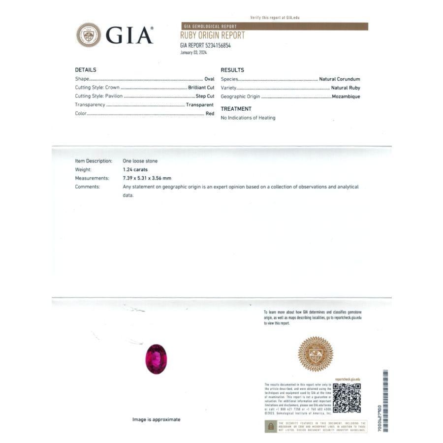 Presenting a natural Unheated Mozambique Ruby, weighing 1.24 carats, accompanied by a GIA Report for authenticity. The oval-shaped gem, measuring 7.39 x 5.31 x 3.56 mm, features a Brilliant/Step cut, blending faceted brilliance with geometric step