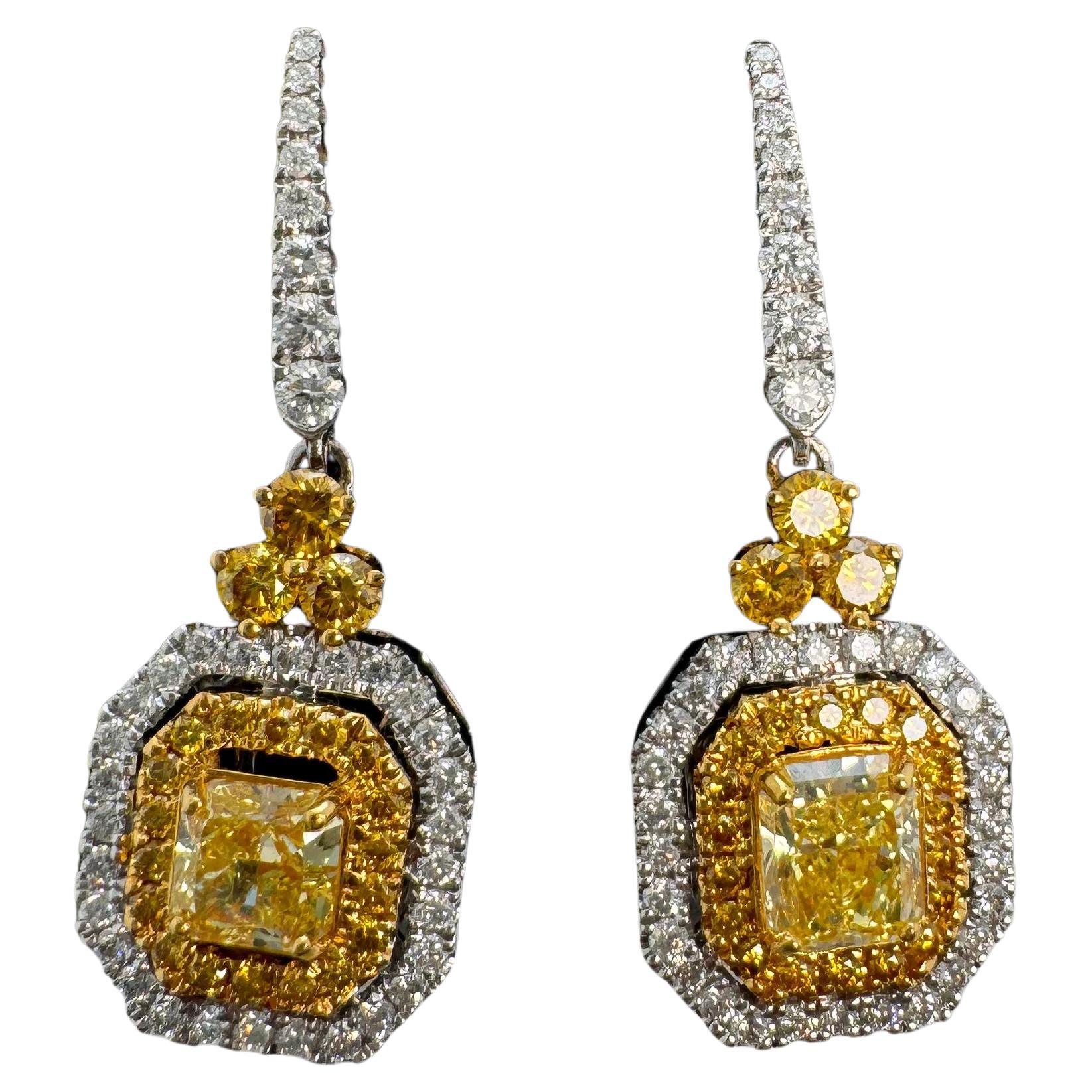 GIA Certified 1.24 Cts. Fancy Intense Yellow Diamond Earrings in 18k White Gold