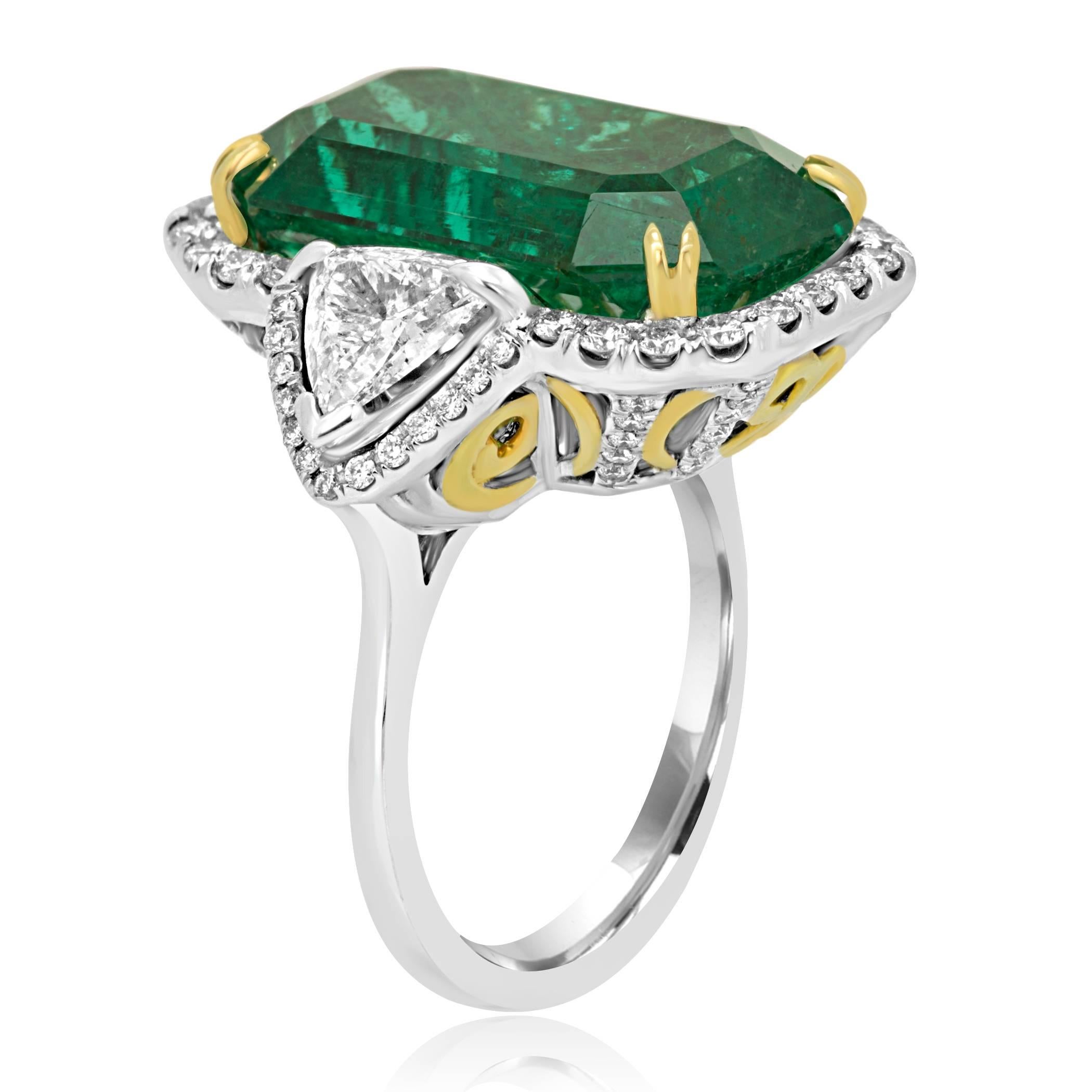 Emerald Cut GIA Certified 12.40Carat Emerald and Diamond Halo Three Stone Gold Cocktail Ring
