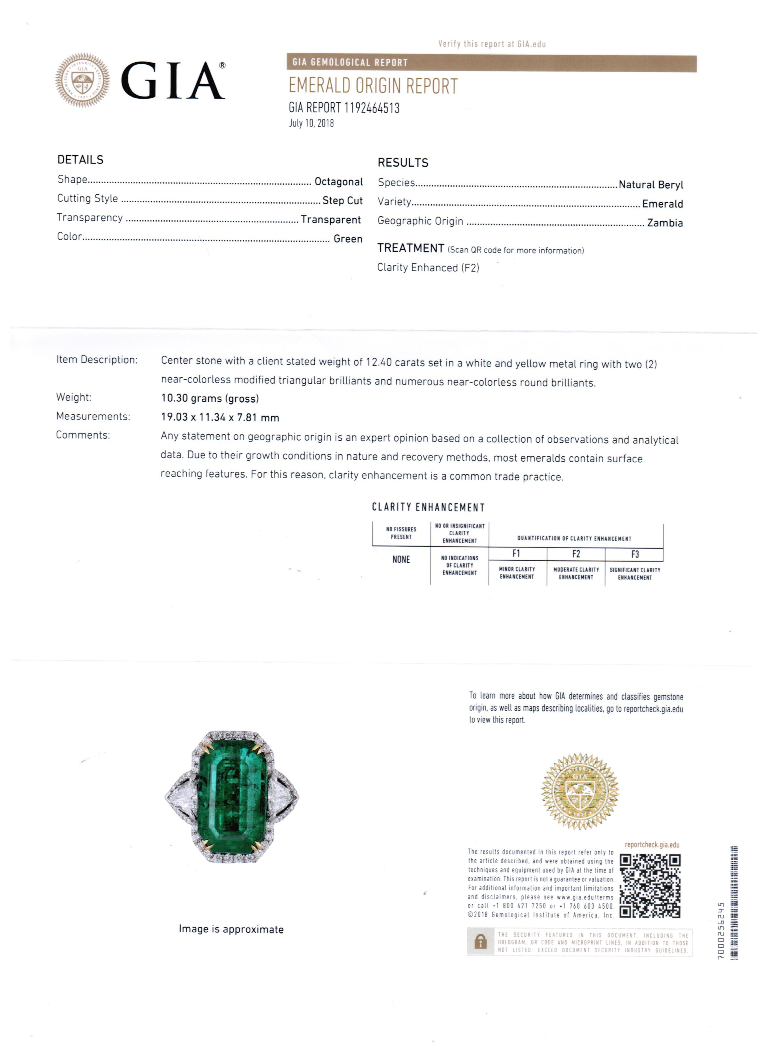 GIA Certified 12.40Carat Emerald and Diamond Halo Three Stone Gold Cocktail Ring 1