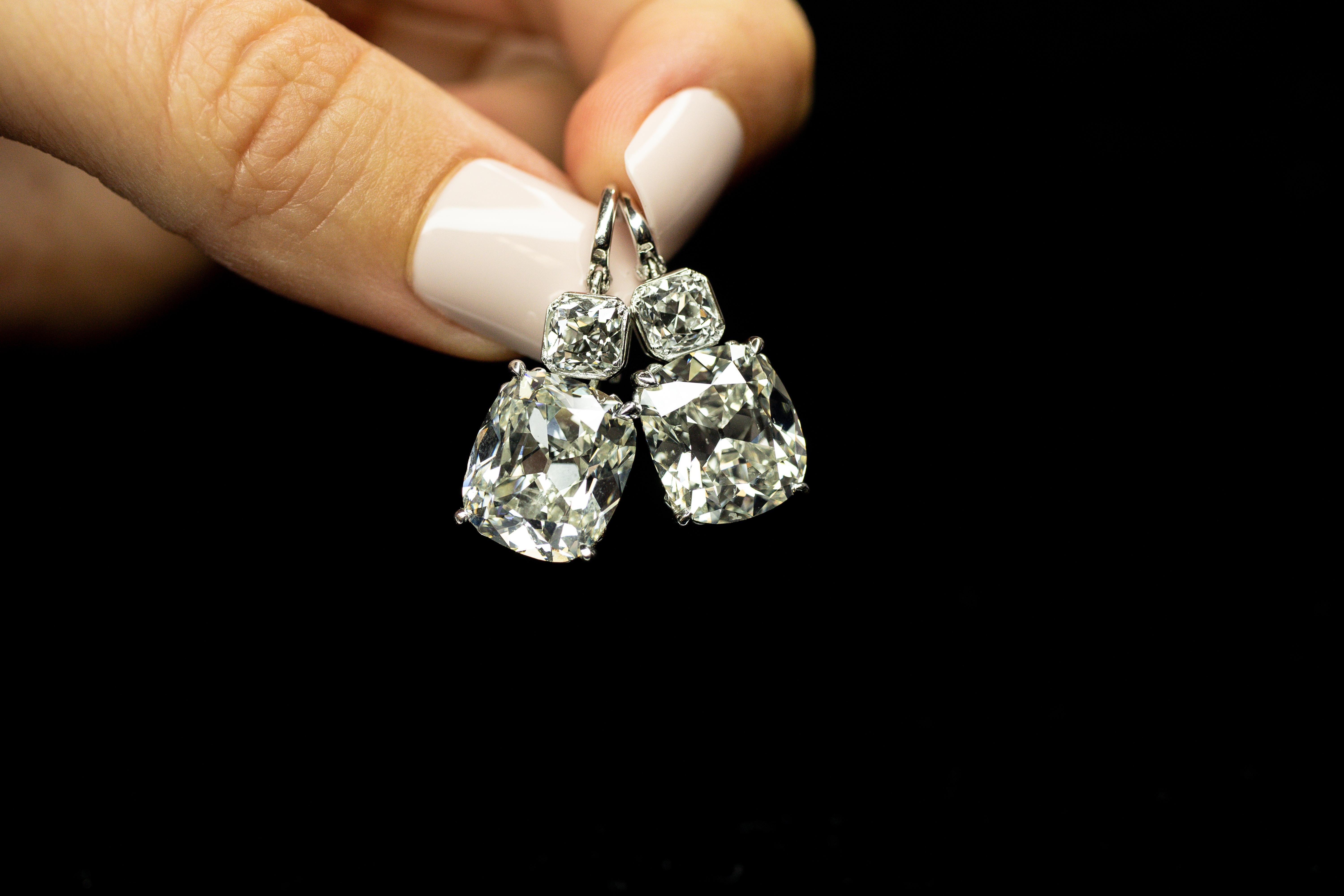 Antique Cushion Cut GIA Certified 12.41 Carat Vintage Oscar Heyman Earrings