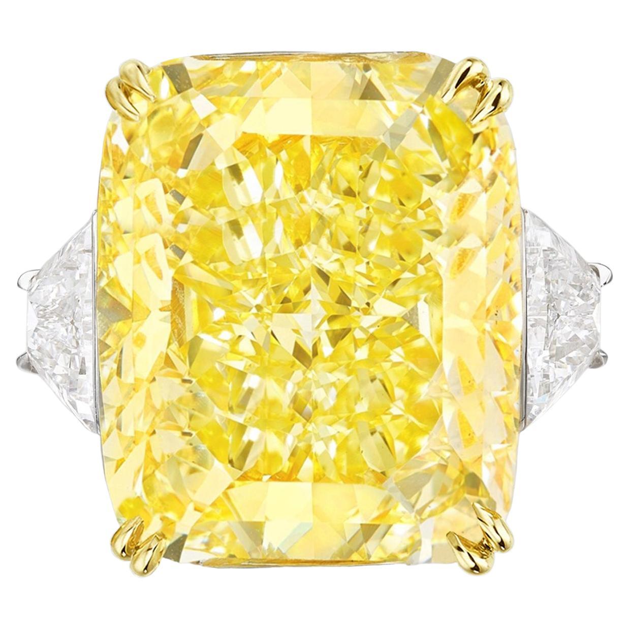 Contemporary GIA Certified 12.45 Carat Fancy Yellow Cushion Cut Diamond Platinum Ring For Sale