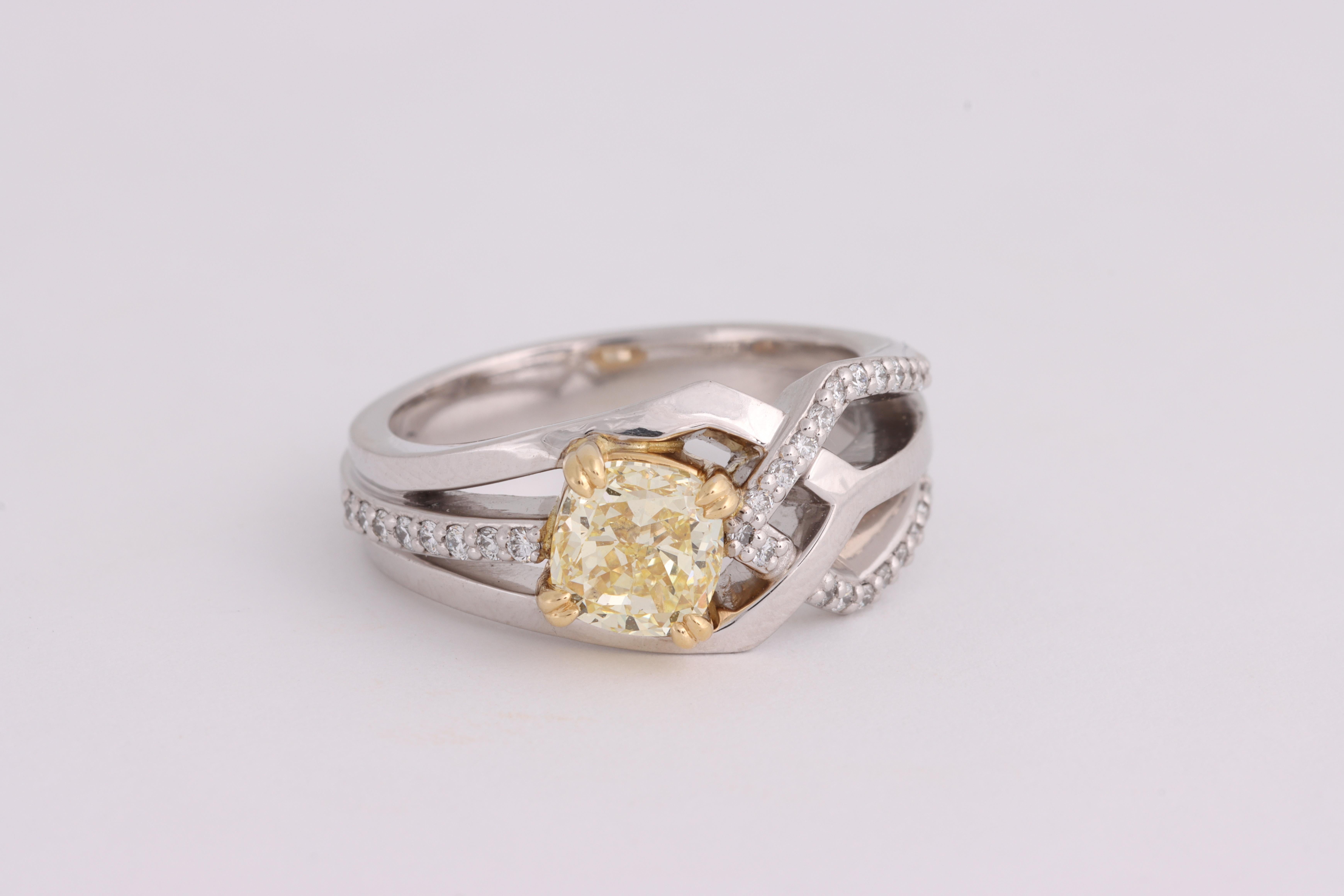 GIA Certified 1.24ct Fancy Light Intense Yellow Vs2 Cushion Cut Ring In New Condition In PERTH, Western Austrailia