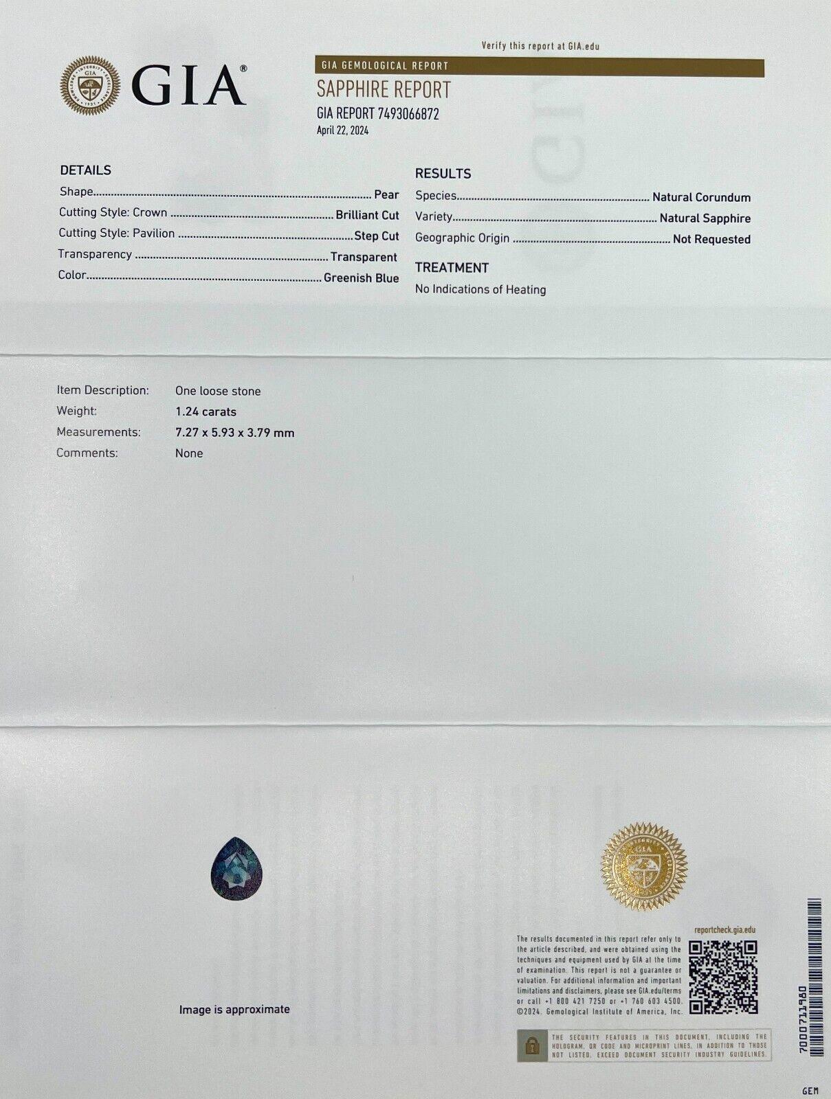 GIA CERTIFIED 1.24ct NATURAL Sapphire UNIQUE Green Blue TEAL Pear Cut UNTREATED

Natural Fine Green Blue Teal GIA Certified Sapphire Gemstone.
Fine quality untreated sapphire with a unique teal green blue colour.
1.24 Carat with excellent clarity, a
