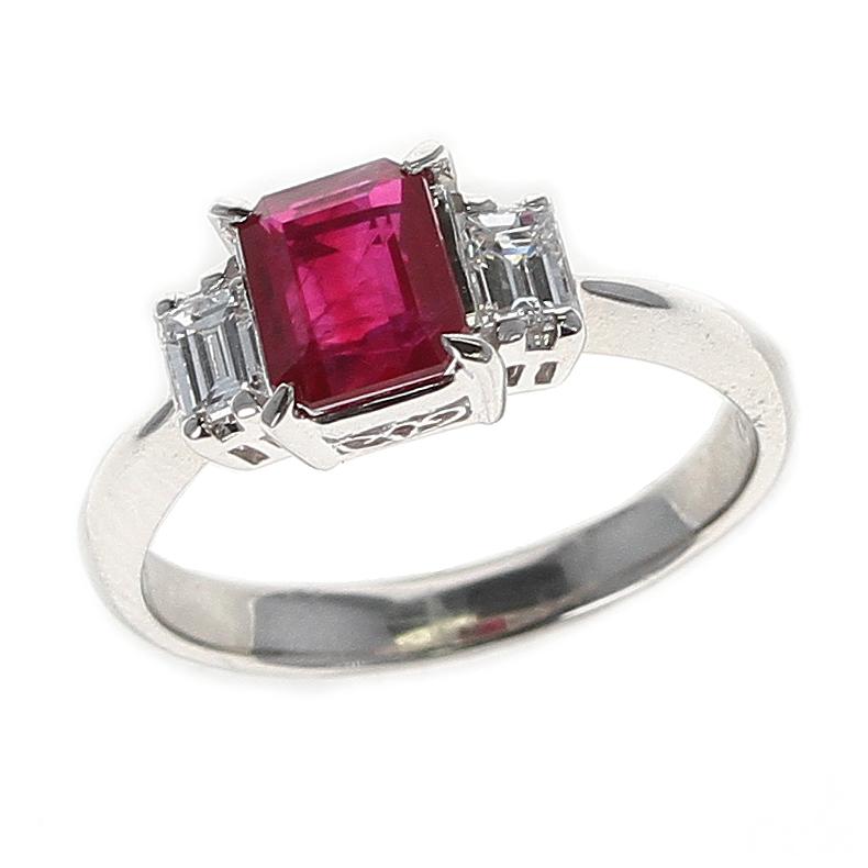 Emerald Cut GIA Certified 1.25 Carat Emerald-Cut Burma Ruby Three-Stone Diamond Ring For Sale