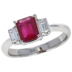 Vintage GIA Certified 1.25 Carat Emerald-Cut Burma Ruby Three-Stone Diamond Ring