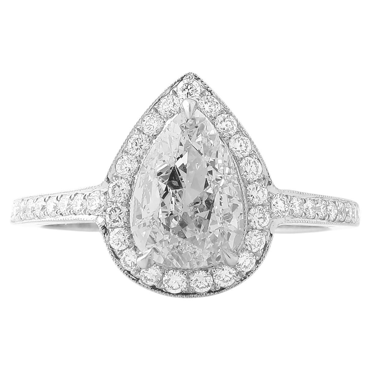 GIA Certified 1.25 Carat F VS1 Antique-Cut Pear Shape Diamond Ring For Sale