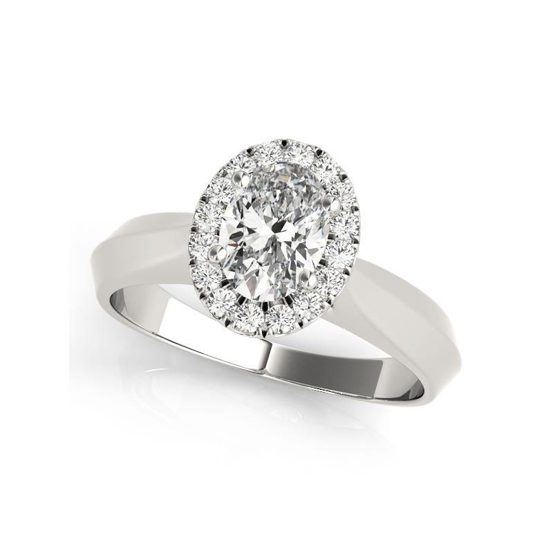 GIA Certified 1.25 Carat Knife Edge Band Oval Halo 18K White Gold Diamond Ring In New Condition For Sale In New York, NY