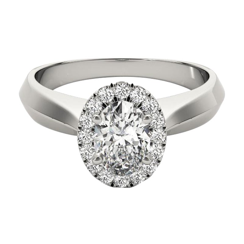 GIA Certified 1.25 Carat Knife Edge Band Oval Halo 18K White Gold Diamond Ring