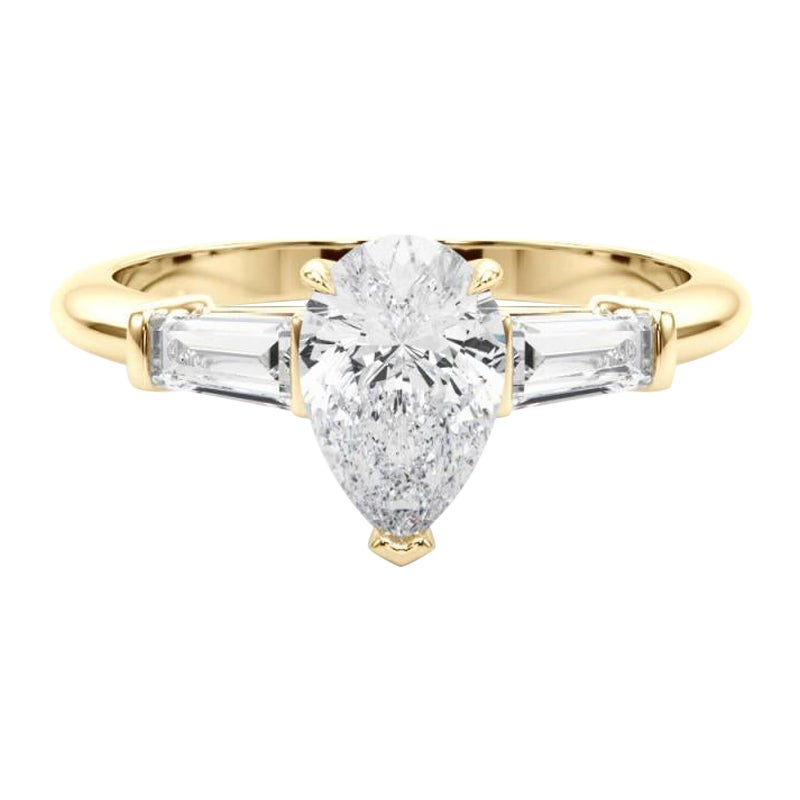 Anello di diamanti a tre pietre con pera e baguette certificato GIA da 1,25 carati
