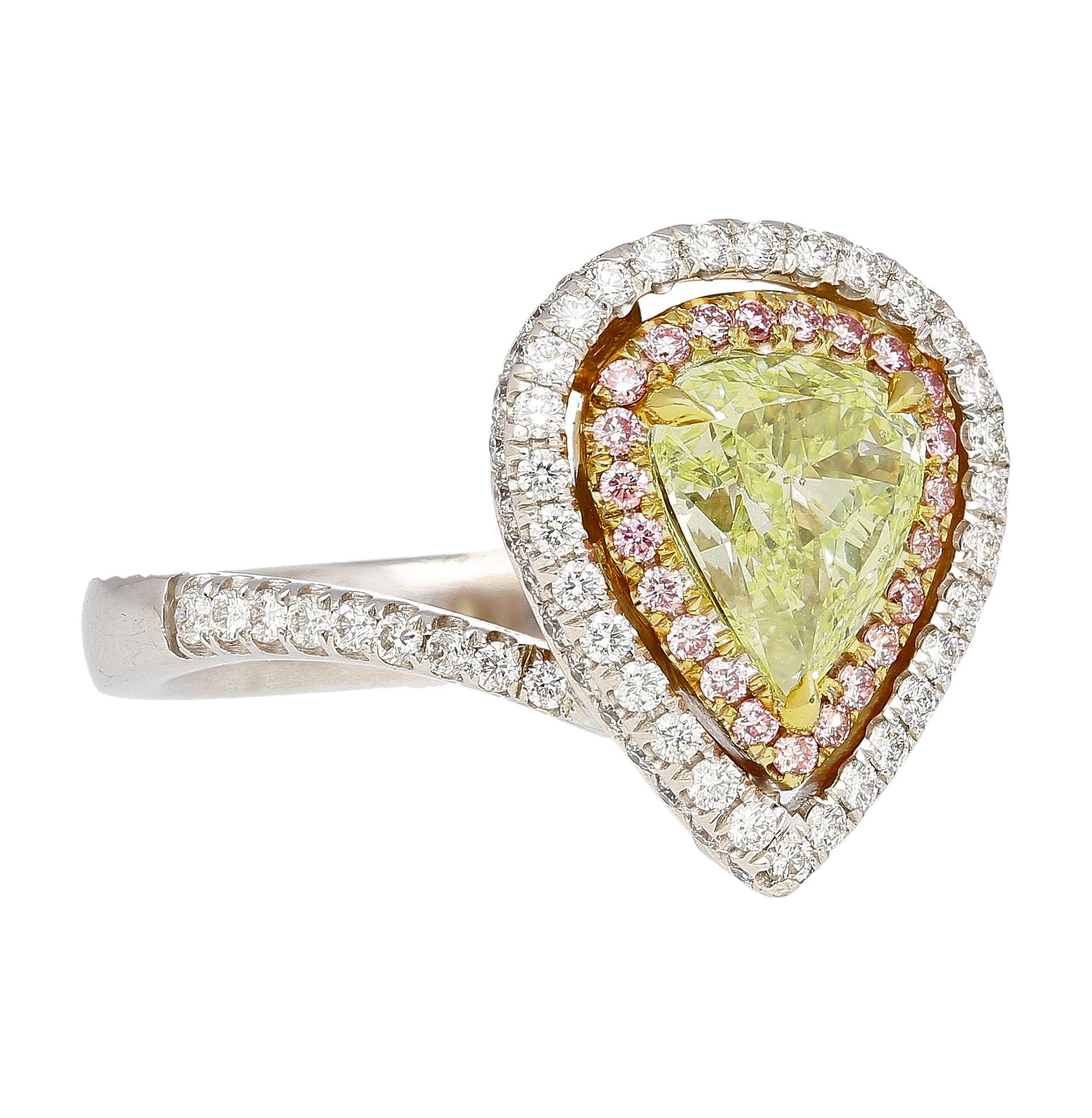 GIA Certified 1.25 Carat Pear Cut Fancy Green-Yellow Diamond Ring in 18K Rose, White, and Yellow Gold. Featuring a double diamond halo and a stunning bypass design. The center stone is a GIA certified natural fancy green-yellow diamond with even