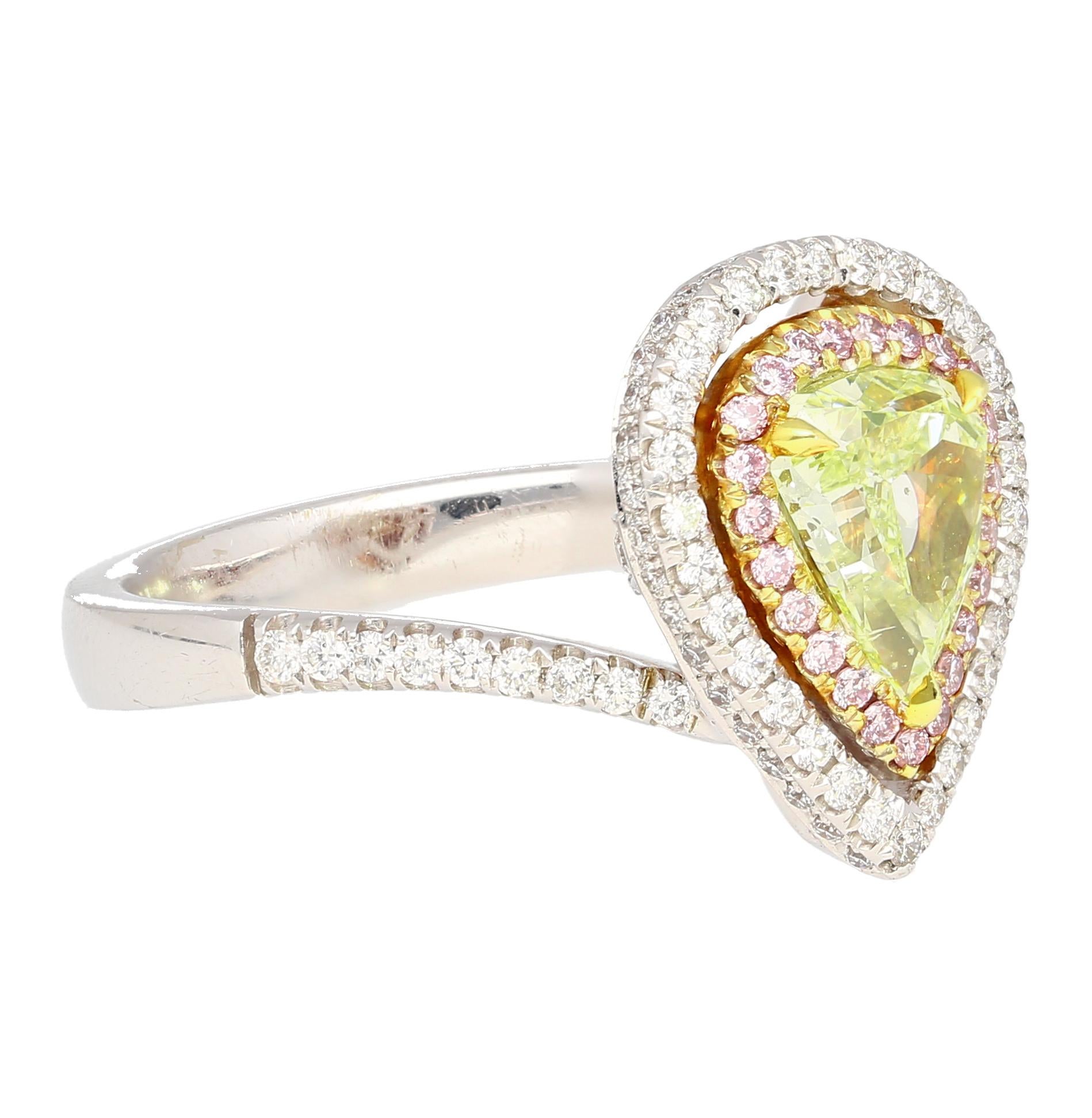 Modern GIA Certified 1.25 Carat Pear Cut Fancy Green Yellow Diamond 3-Color Bypass Ring For Sale