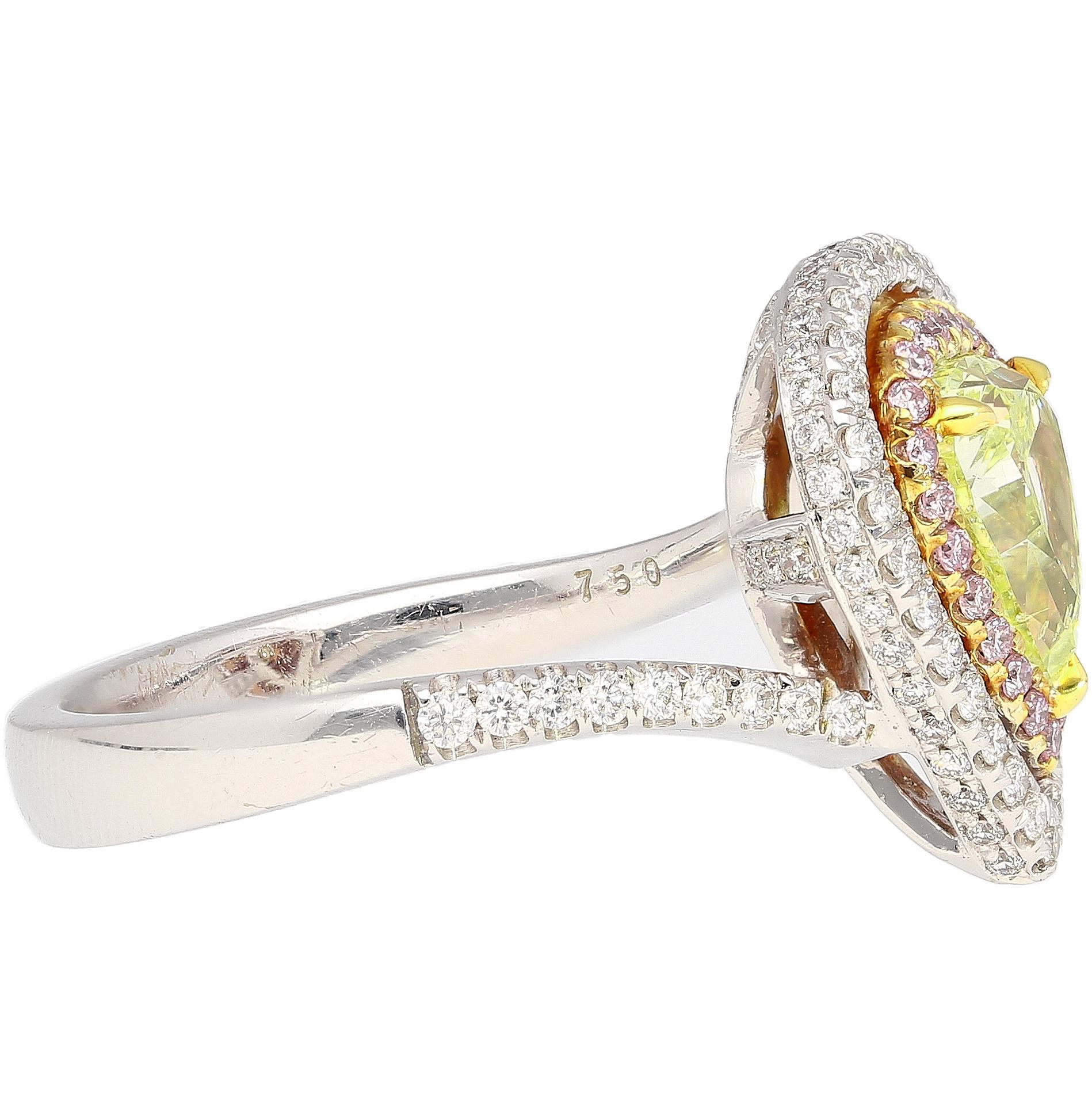 GIA Certified 1.25 Carat Pear Cut Fancy Green Yellow Diamond 3-Color Bypass Ring In New Condition For Sale In Miami, FL