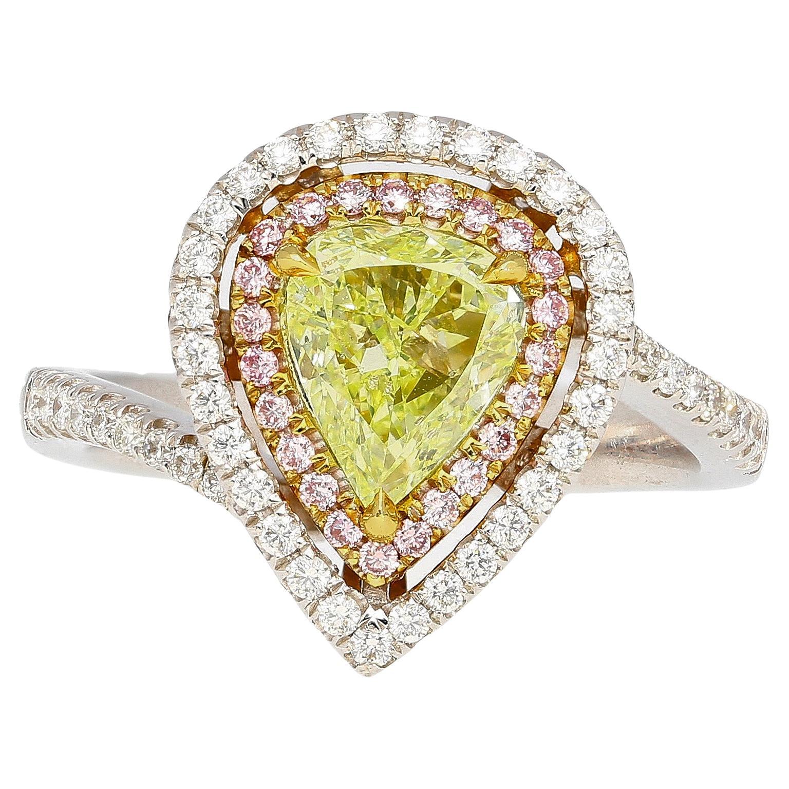 Bague bypass de 3 couleurs avec diamant jaune vert fantaisie taille poire de 1,25 carat certifié GIA en vente