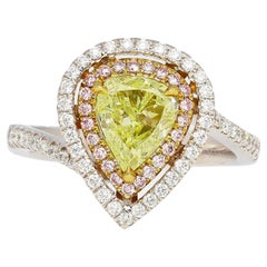 GIA Certified 1.25 Carat Pear Cut Fancy Green Yellow Diamond 3-Color Bypass Ring