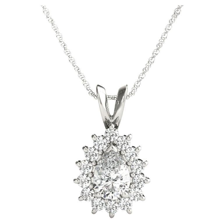 GIA Certified 1.25 Carat Pear Diamond Sunburst Halo Gold Pendant Necklace
