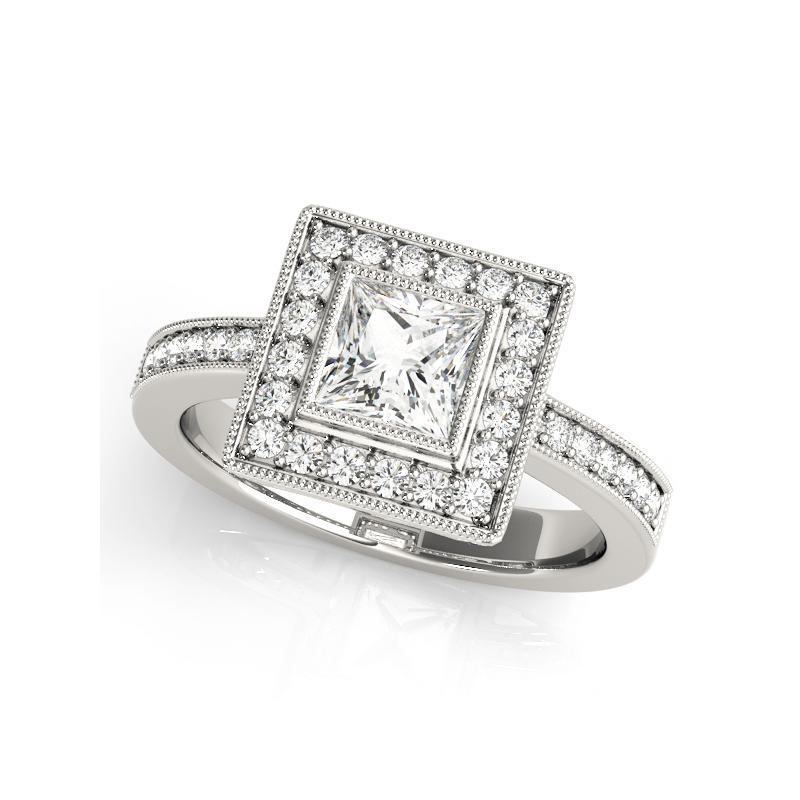 Taglio princess GIA Certified 1,25 Carat Princess Square Halo Milgrain Diamond Ring in vendita