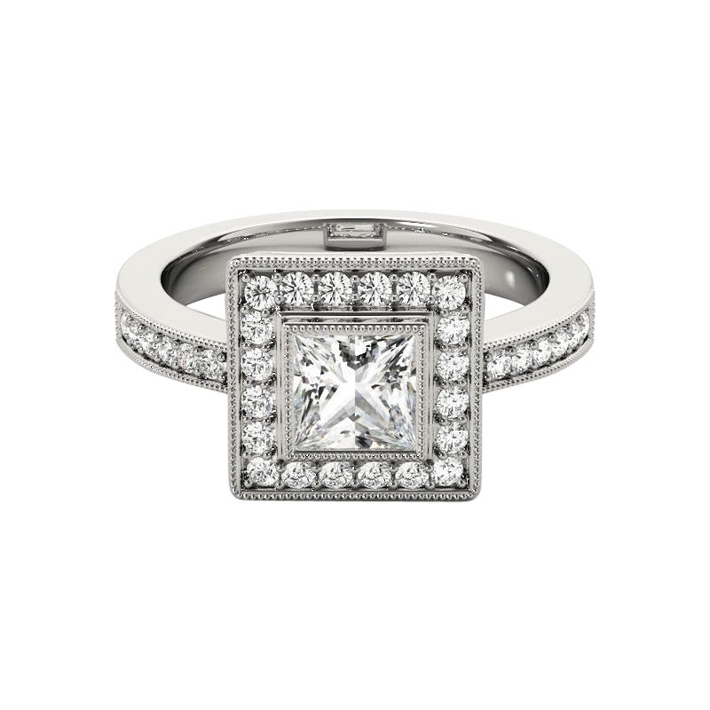 Bague à diamant certifié GIA 1,25 carat Princess Square Halo Milgrain