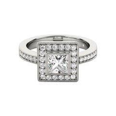 Bague à diamant certifié GIA 1,25 carat Princess Square Halo Milgrain