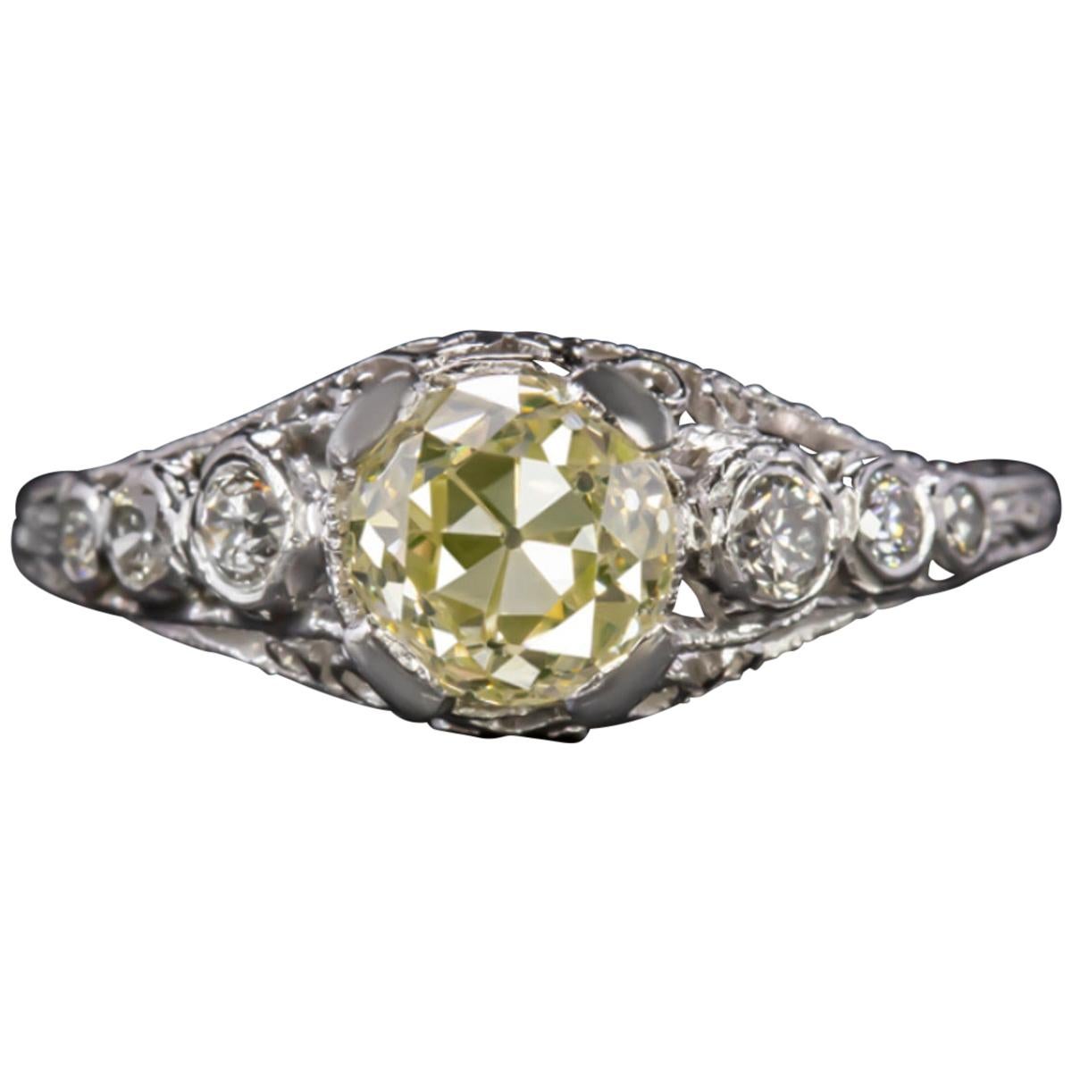 GIA Certified 1.25 Carat Vintage Engagement Ring Fancy Yellow Platinum