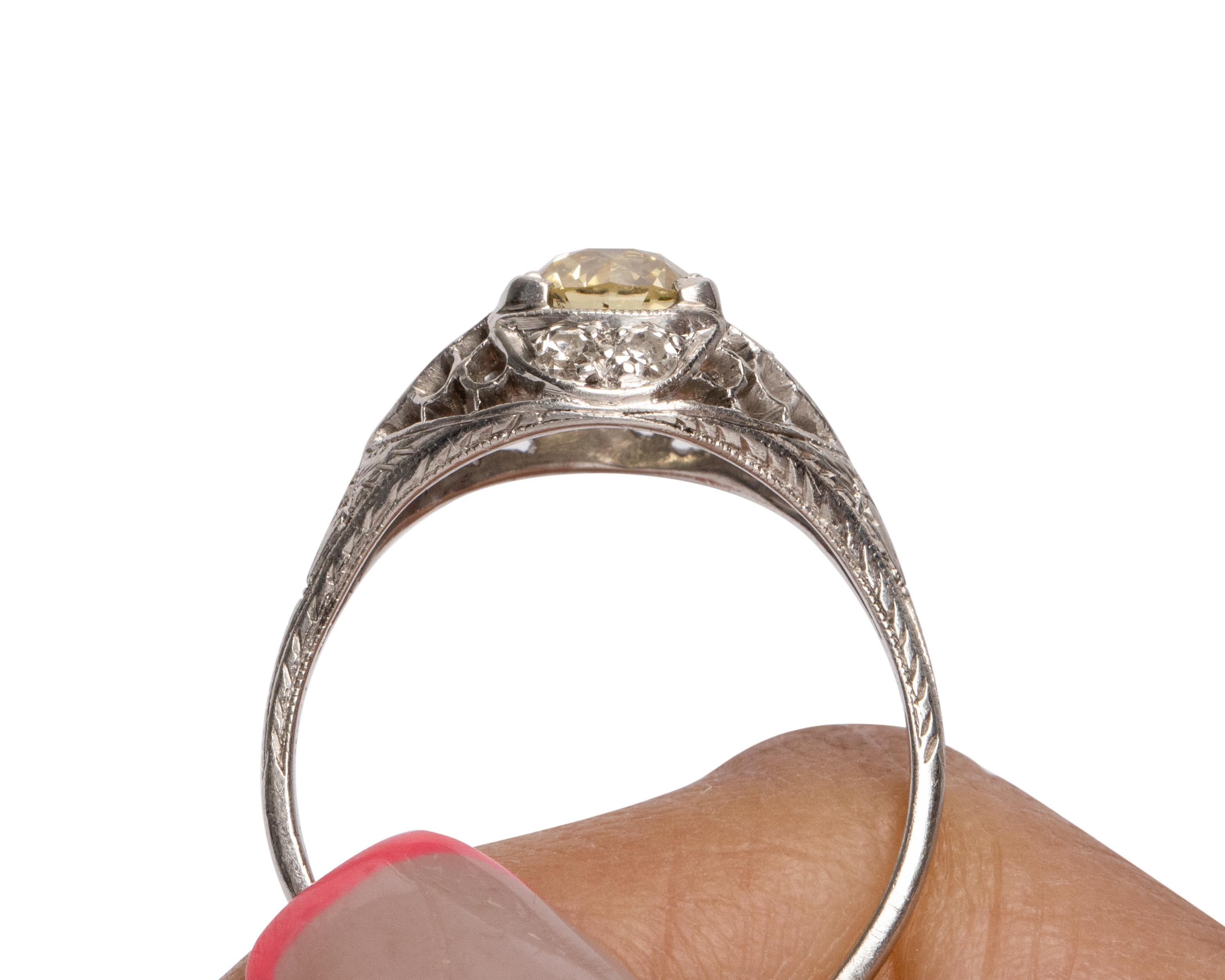Old European Cut GIA Certified 1.25 Carat Yellow Diamond Platinum Engagement Ring For Sale