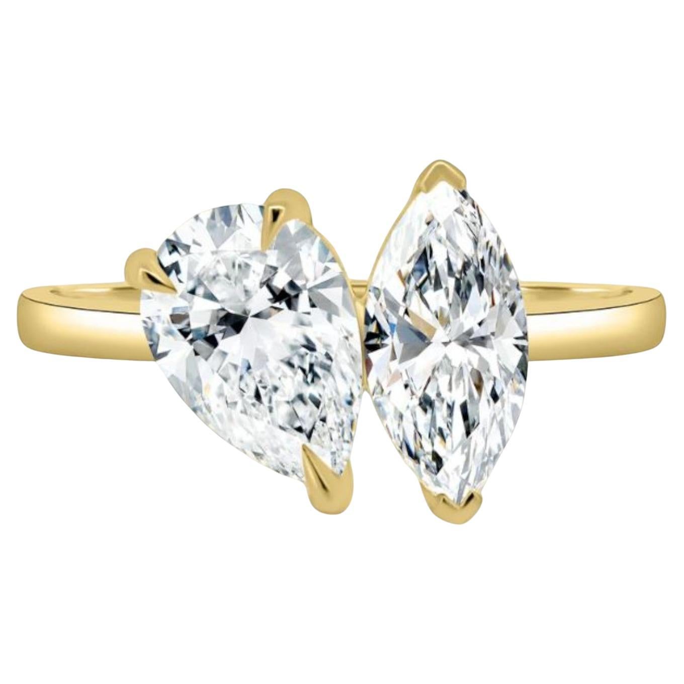 GIA-zertifizierter 1,25 Karat F/VS1 Birnenschliff Diamanten im Marquise-Schliff Toi Et Moi Ring 18K Gold