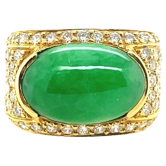 GIA Certified 12.51 Gram Natural Jadeite "A" Jade & Diamond Gold Ring Circa 1950