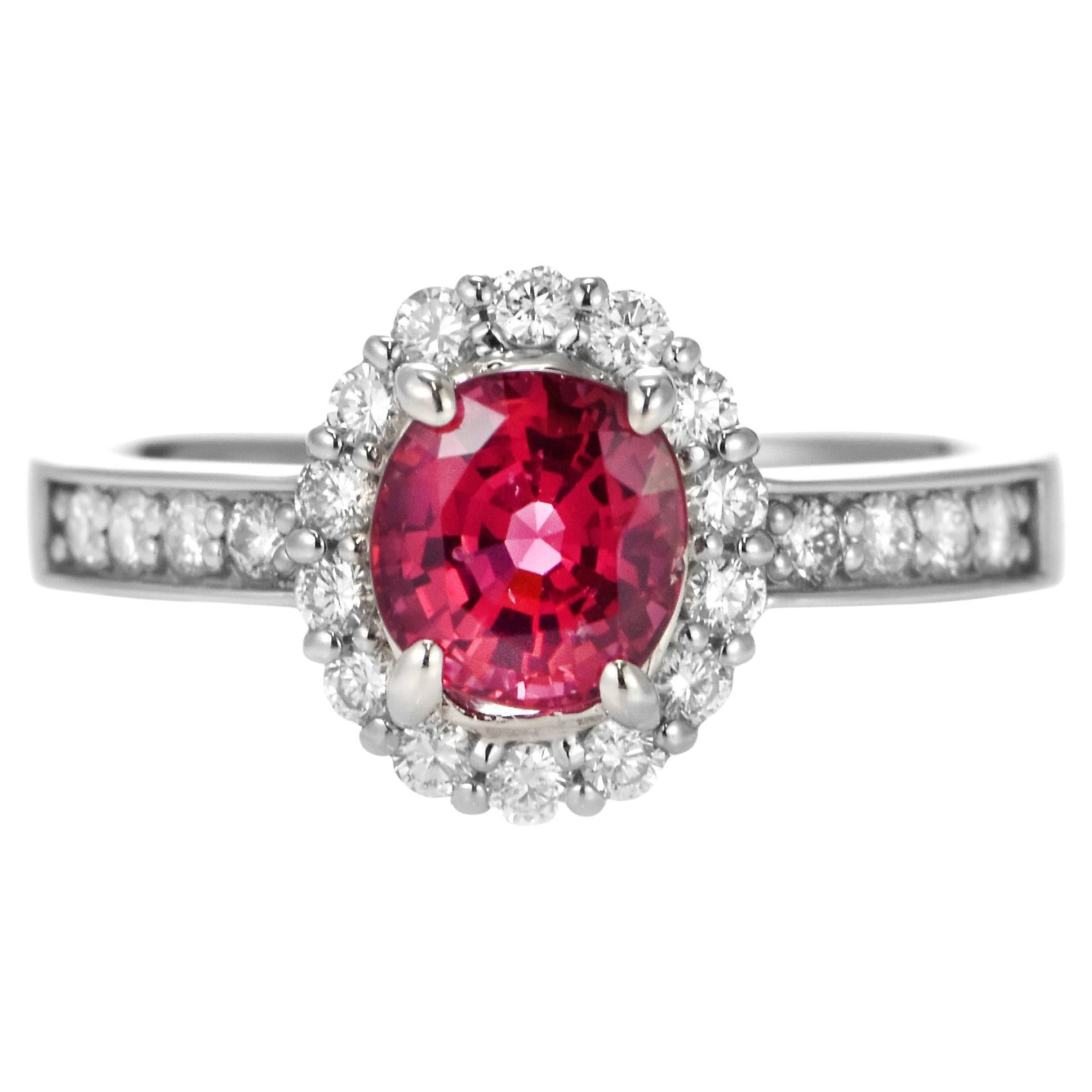 GIA Certified 1.256 Carat Natural Red Spinel and Diamond Ring Set in Platinum For Sale
