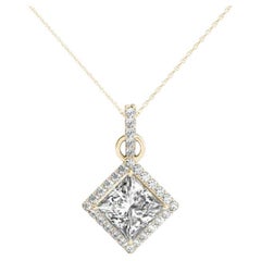 GIA Certified 1.25ct Princess Diamond Kite Halo Yellow Gold Pendant Necklace